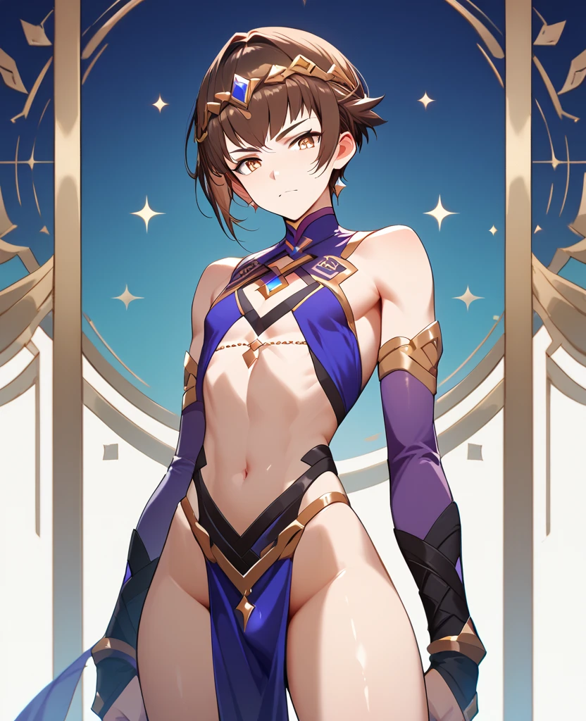 A boy, skinny, white skin, wavy dark brown hair, short hair, brown eyes, revealing and feminine clothing, small eyes, thin legs, thin torso, thin arms, narrow hips, black and light purple clothes, penis showing , serious expression, lunar scenario, submissive attitude