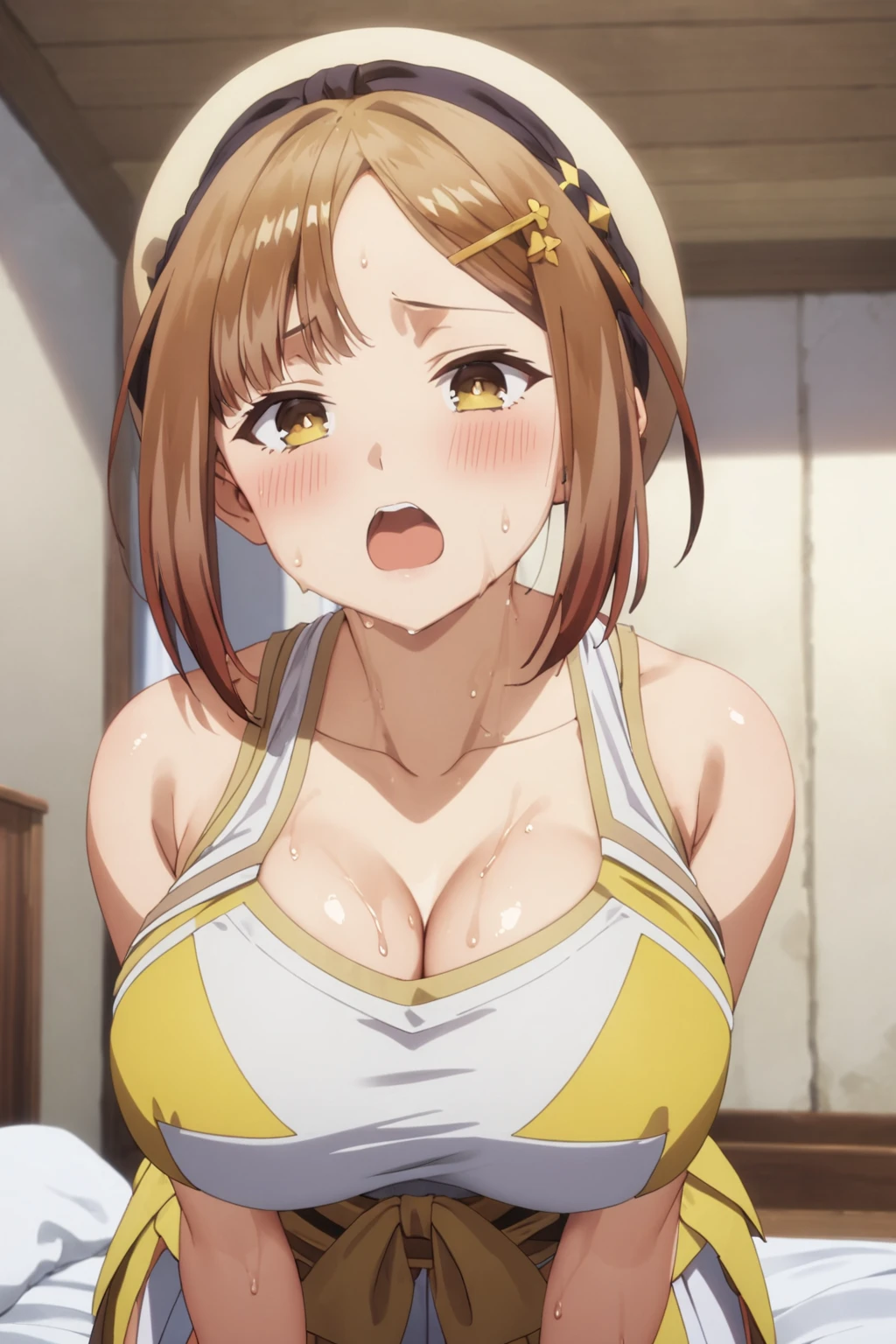  One Girl 、  cheerleader uniform 、  shortcuts、 top quality 、  Ryza style、 brown hair on one woman 、 sweaty body、Big Breasts、(  forehead)、hat、hairpin、( Half Open Eyes )、( open her mouth )、(Green)、( blushes her cheeks)、( bed)、Small room、Show off your chest、