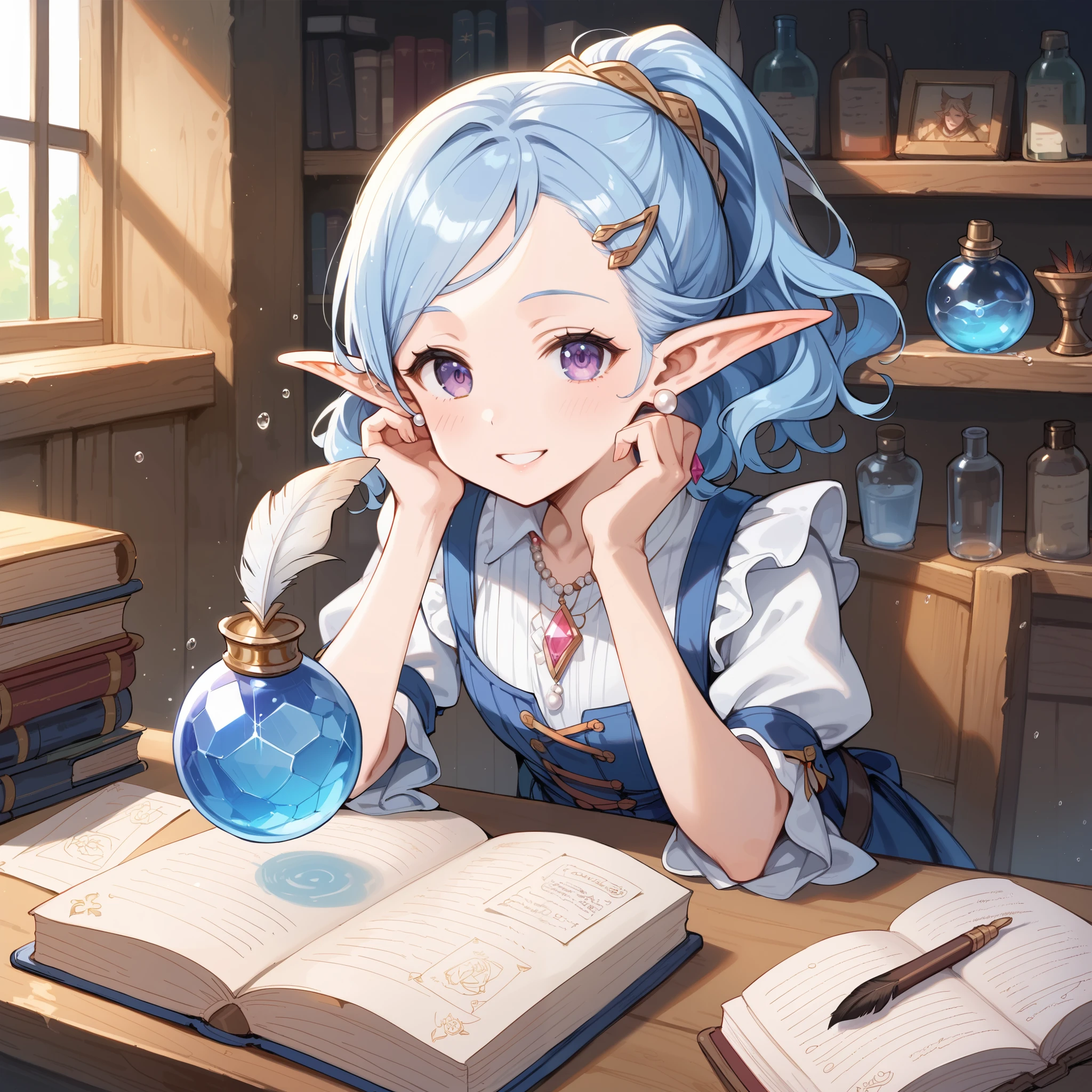 Anime girl with blue hair sitting at a table with a book and a glass ...