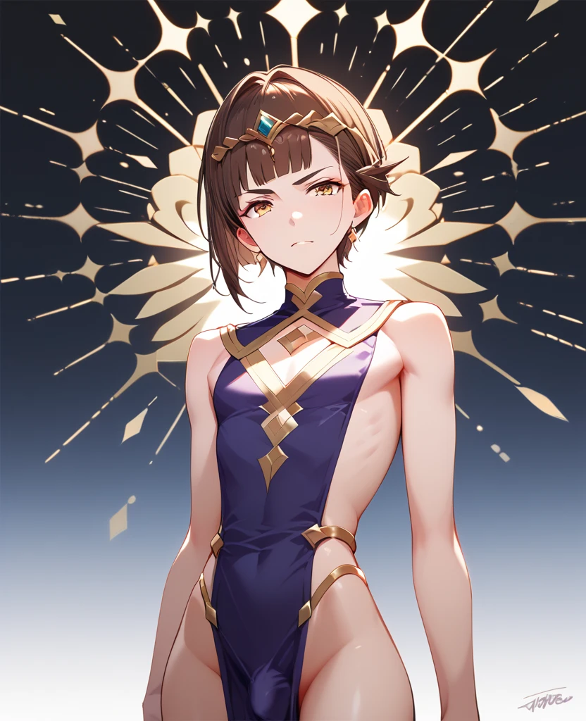 A boy, skinny, white skin, wavy dark brown hair, short hair, brown eyes, revealing and feminine clothing, small eyes, thin legs, thin torso, thin arms, narrow hips, black and light purple clothes, penis showing , serious expression, lunar scenario, submissive attitude