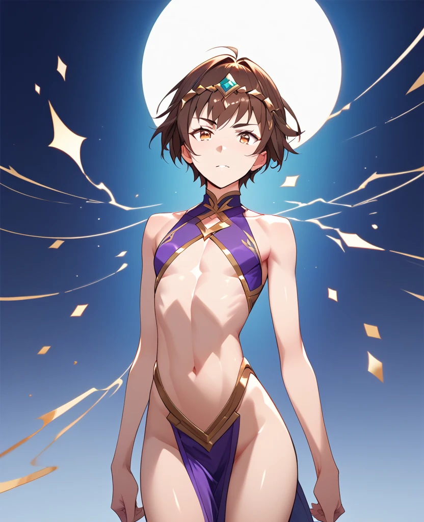 A boy, skinny, white skin, wavy dark brown hair, short hair, brown eyes, revealing and feminine clothing, small eyes, thin legs, thin torso, thin arms, narrow hips, black and light purple clothes, penis showing , serious expression, lunar scenario, submissive attitude