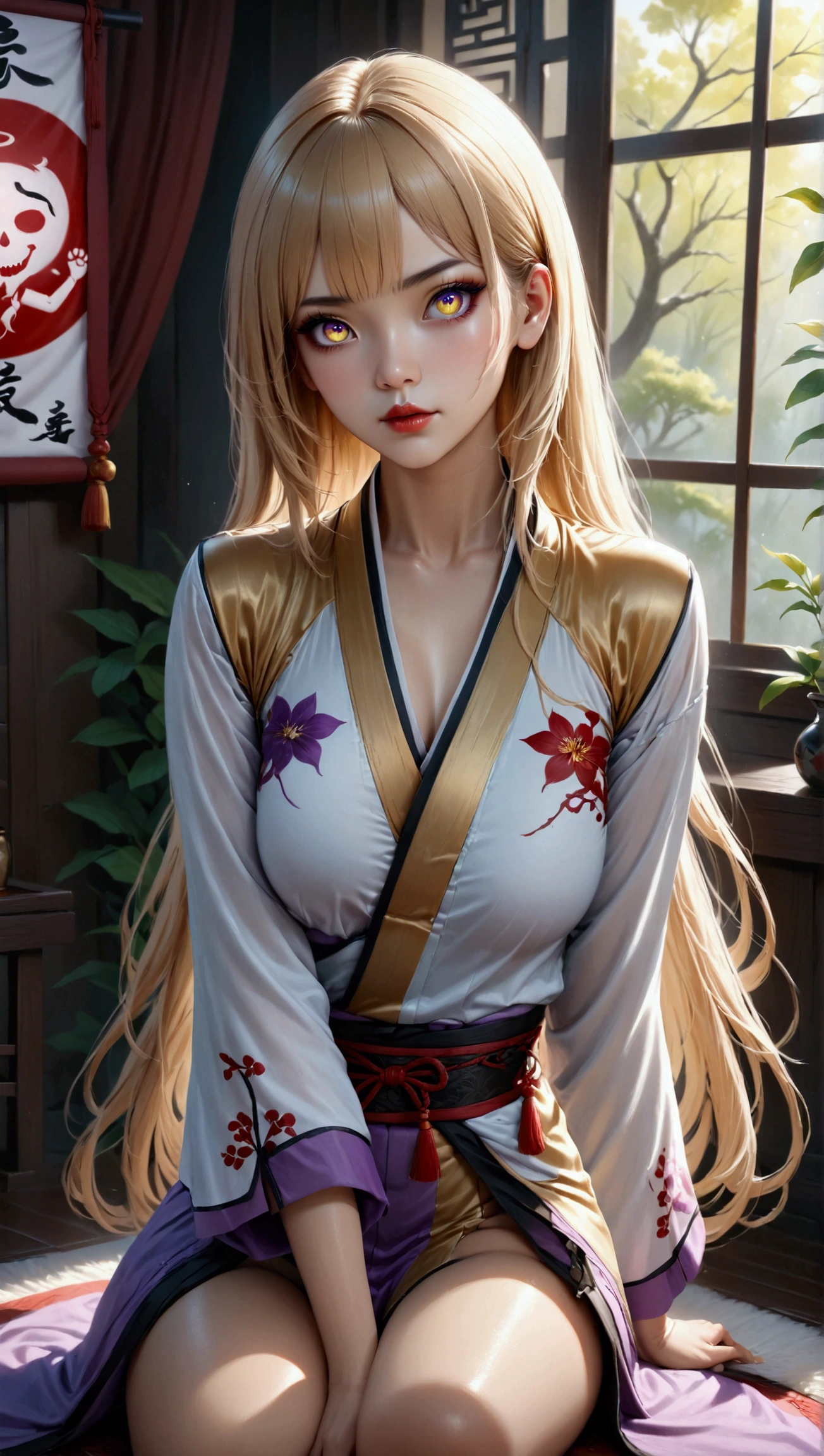 Personage of Kimetsu no Yaiba, woman with long blonde hair, blue colored eyes, skin fair, an expression,wears the oni hunter uniform,has a pink haori with some printed bows,Best anime of Kimetsu no Yaiba .