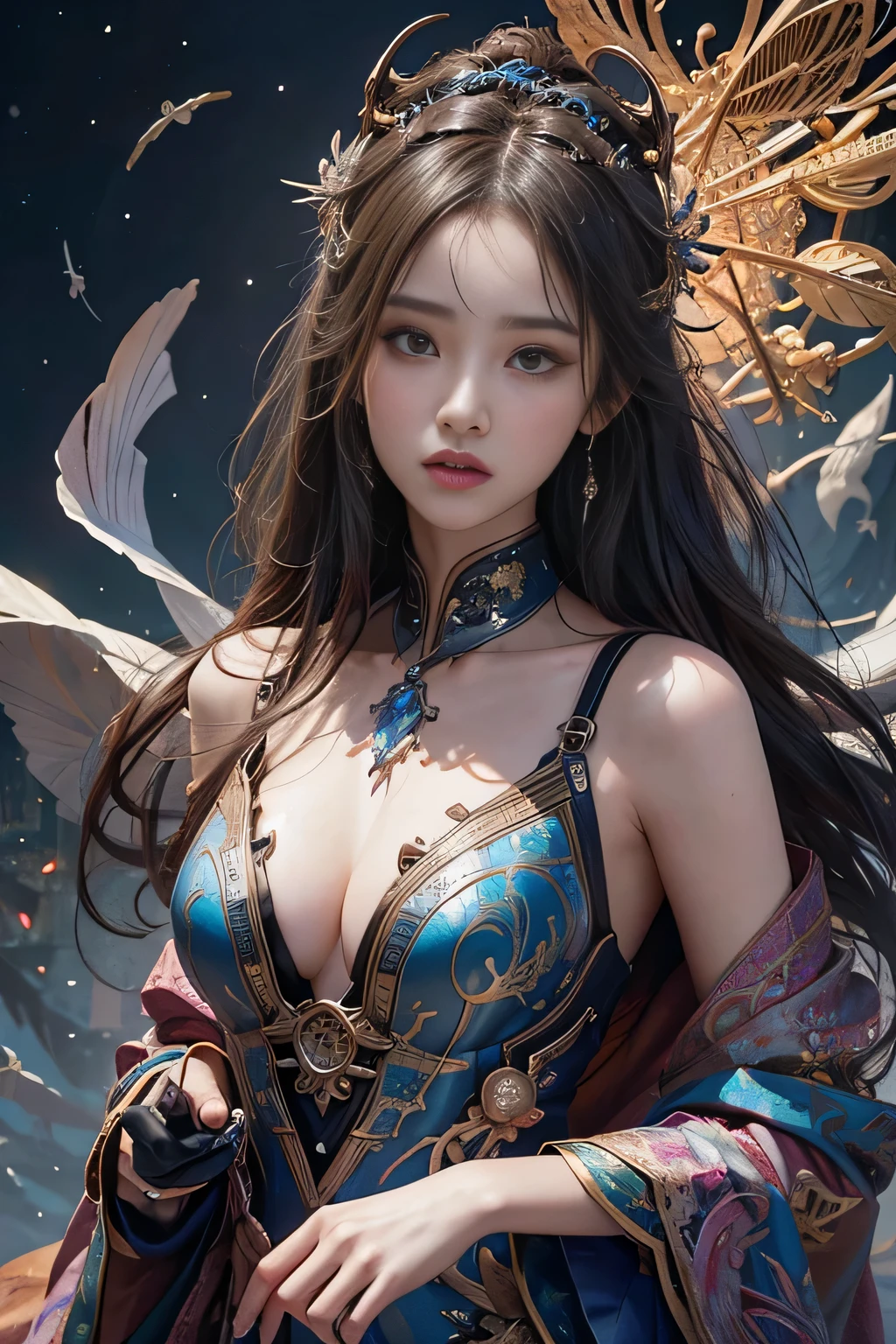 Close-up of a woman flying in the sky, Fantasy artワーク, 雲のgoddess, Fantasy artワーク, Fantasy Illustration, Beautiful cyborg angel girl, 詳細なFantasy art, Fantasy art, 高品質のFantasy art, goddess, 美しいFantasy art, Highly detailed art in 4K, 詳細なFantasy art、8k、RAW Photos、highest quality、Real、Photorealistic、Professional Lighting、mix4、20d、Beautiful Teenage Woman、1 female、Big beautiful eyes、Larger breasts、Sleeveless