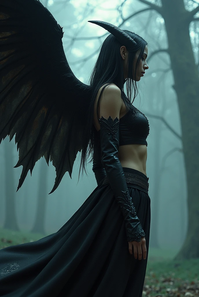 awesome quality, dynamic,DonMDr4g0nXL woman from behind,wings on back,skirt,(draconid:0.25) black obsidian tree <lora:myLora\DonMDr4g0nXL-v1.1rb:0.8>