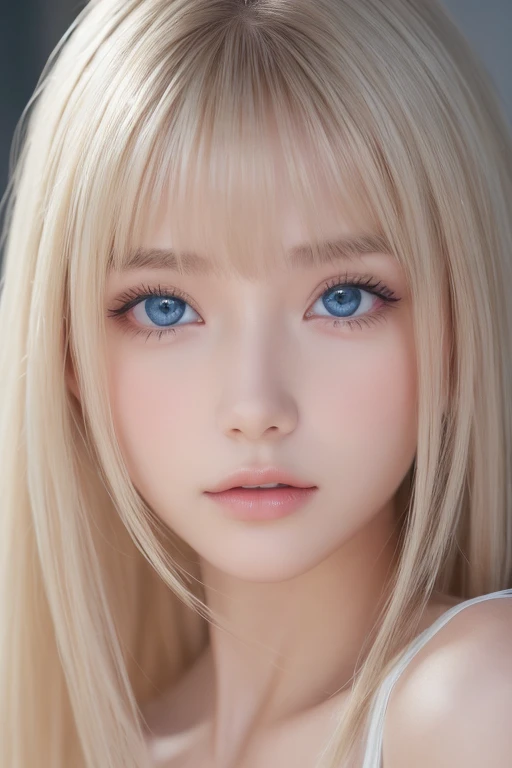  High Quality 、最 High Quality 、 Photorealistic 、 original photos、 real、超 real8K CG、Super details、high resolution 、 Masterpiece 、 One girl 、 long hair、 platinum blonde hair、 blue eyes、 Detailsな顔と目、 close-up、Complex Details、  DETAILS TEXTURE、 Details、 Details、details、A perfectly beautiful face、 messy silky beautiful blonde 、 beautiful cute 19 year old girl 、 very beautiful bright bright big ice blue eyes、 very beautiful very bright whitish iris 、 very long beautiful blond silky shiny hair 、LONG BEAUTIFUL BANGS 、Very large eyes、The beauty of a small face、 eyeliner 、very white shiny skin、Glossy face、cheek、Hair above the eyes、hair between eyes、 too much hair 、bangs, 