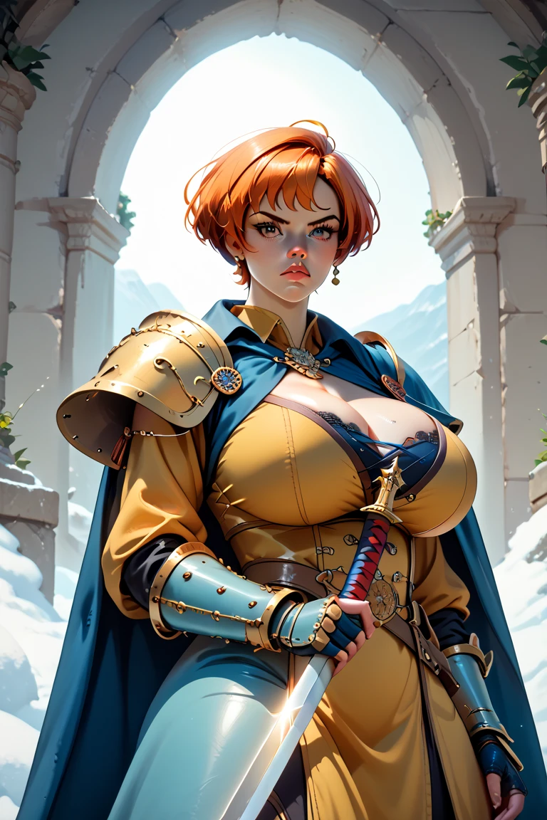 A portrait upper body image of a mature strong muscular older woman, stong jaw, angy, serious, with short pixie haircut, huge breasts, massive breasts, round glases, medieval heavy fantasy armor under military cape, military furcoat, holding giant sword, and in 3d rendering style. Best quality, high quality.