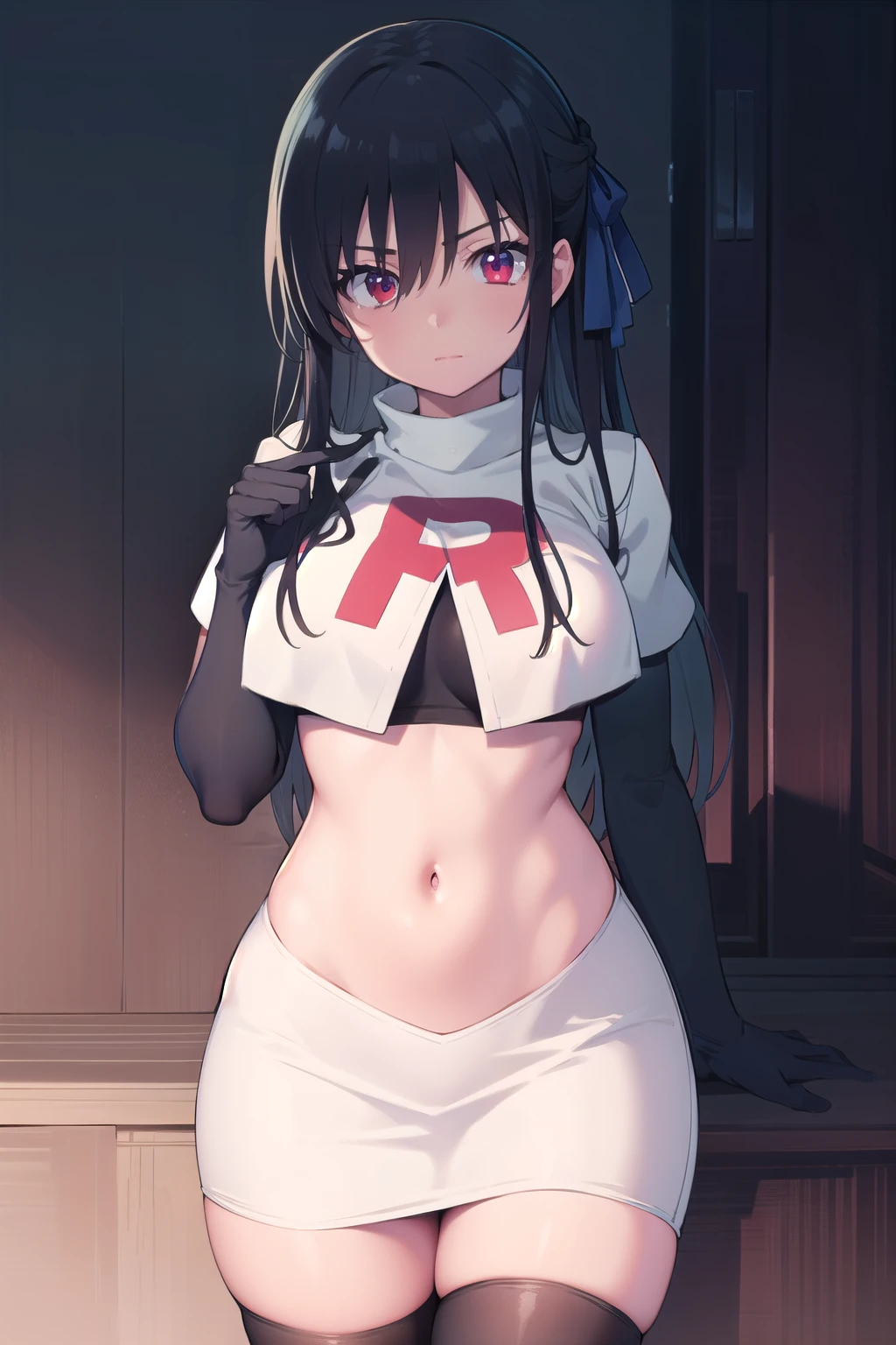 danzoukatou, danzou katou, android, black hair, long hair, ponytail, (yellow eyes:1.5),
BREAK team rocket,team rocket uniform,white skirt,red letter R,crop top,black thigh-highs,black elbow gloves,
BREAK looking at viewer,
BREAK (masterpiece:1.2), best quality, high resolution, unity 8k wallpaper, (illustration:0.8), (beautiful detailed eyes:1.6), extremely detailed face, perfect lighting, extremely detailed CG, (perfect hands, perfect anatomy),