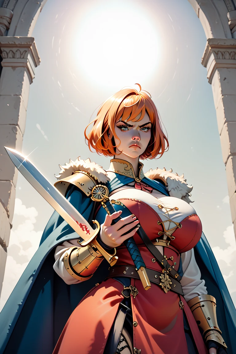 A portrait upper body image of a mature strong muscular older woman, stong jaw, angry, serious, with short haircut, huge breasts, massive breasts, round glases, medieval heavy fantasy armor under military cape, military furcoat, holding giant sword, and in 3d rendering style. Best quality, high quality.