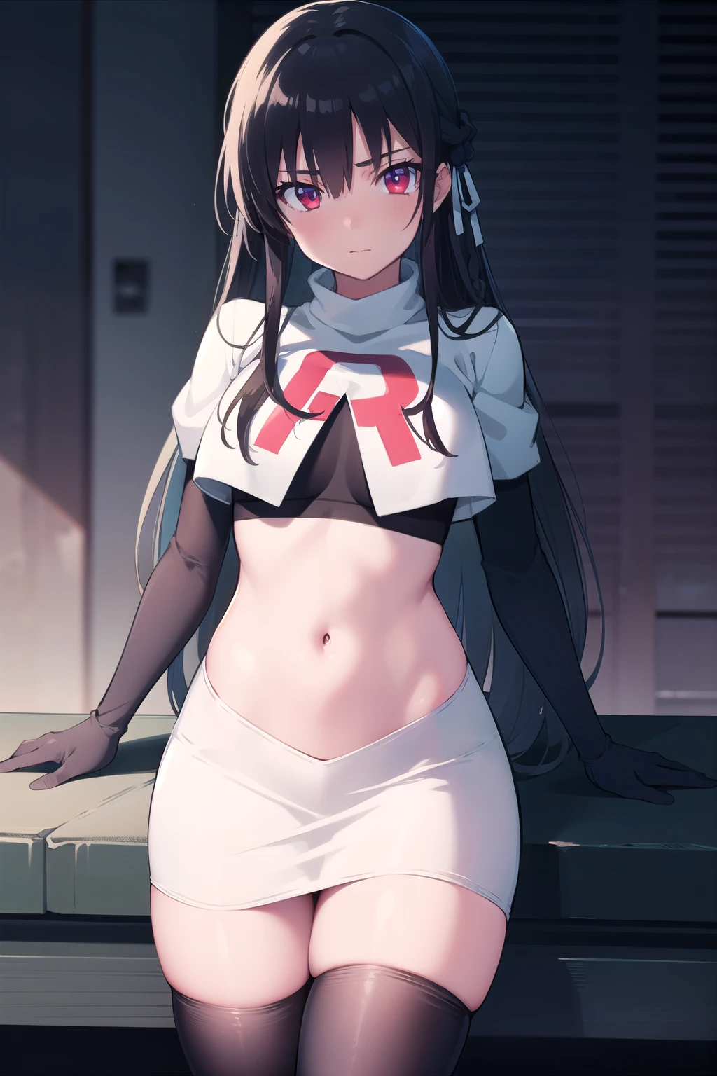 akane, 1girl, solo, long hair, skirt, large breasts, black hair, ribbon, very long hair, purple eyes, hair ribbon, ponytail, hakama skirt, miko, masterpiece, team rocket,team rocket uniform, red letter R, white skirt,white crop top,black thigh-highs,black elbow gloves