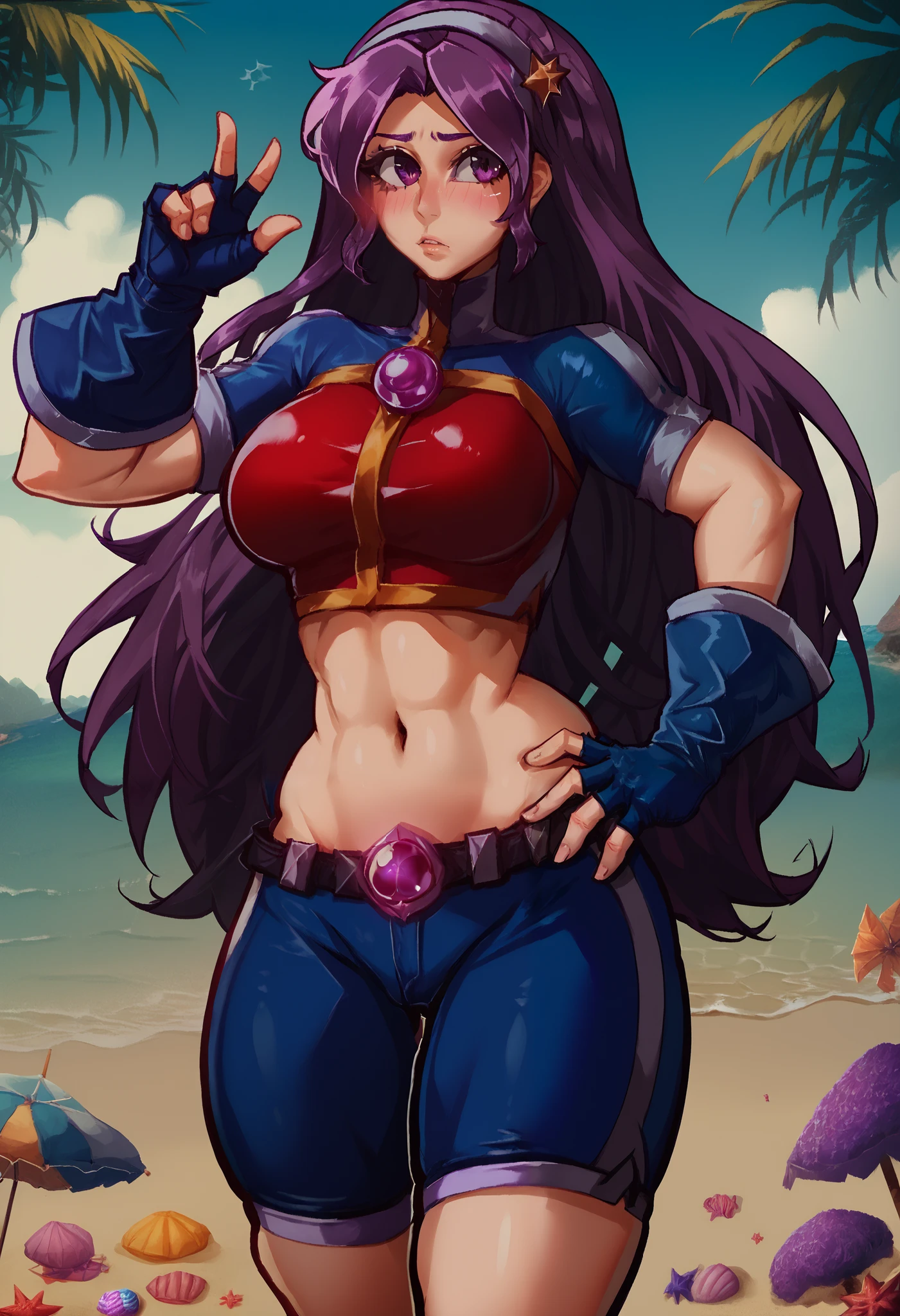 ATHKOF2002, purple hair, long hair, purple eyes, white hairband, blue sleeves, pearl (gemstone), short sleeves, red top, fingerless gloves, navel, biker shorts,  blush, solo,skin tight clothes, standing on beach, seductive pose, light breeze, beach setting,shiny skin, realistic, cowboy shot, midriff,beautiful detailed face,thick thighs, shiny clothes, one hand on hip,other had on hair,big breasts,skindentation,dbp