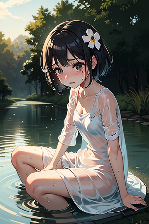 absurd , high resolution, Super detailed, (8 year old girl:1.3), Large Breasts，Happy, rest, Sundress, Ink cap, mary jane shoes, rest, Rich gradients, extreme colors, Extreme details, Clear light perception, rest, (many, Impressionism, ), Anime Characters, rest, The opening of your legs,Fluid between thighs、Flowing liquid，touch、disheveled、Comfortable to wear,Chest contour、(((Wet clothes))),Pipe top，(((Ultra-thin clothing))),(Body model),((Body outline)),Grin, blush,Overactive Expression,