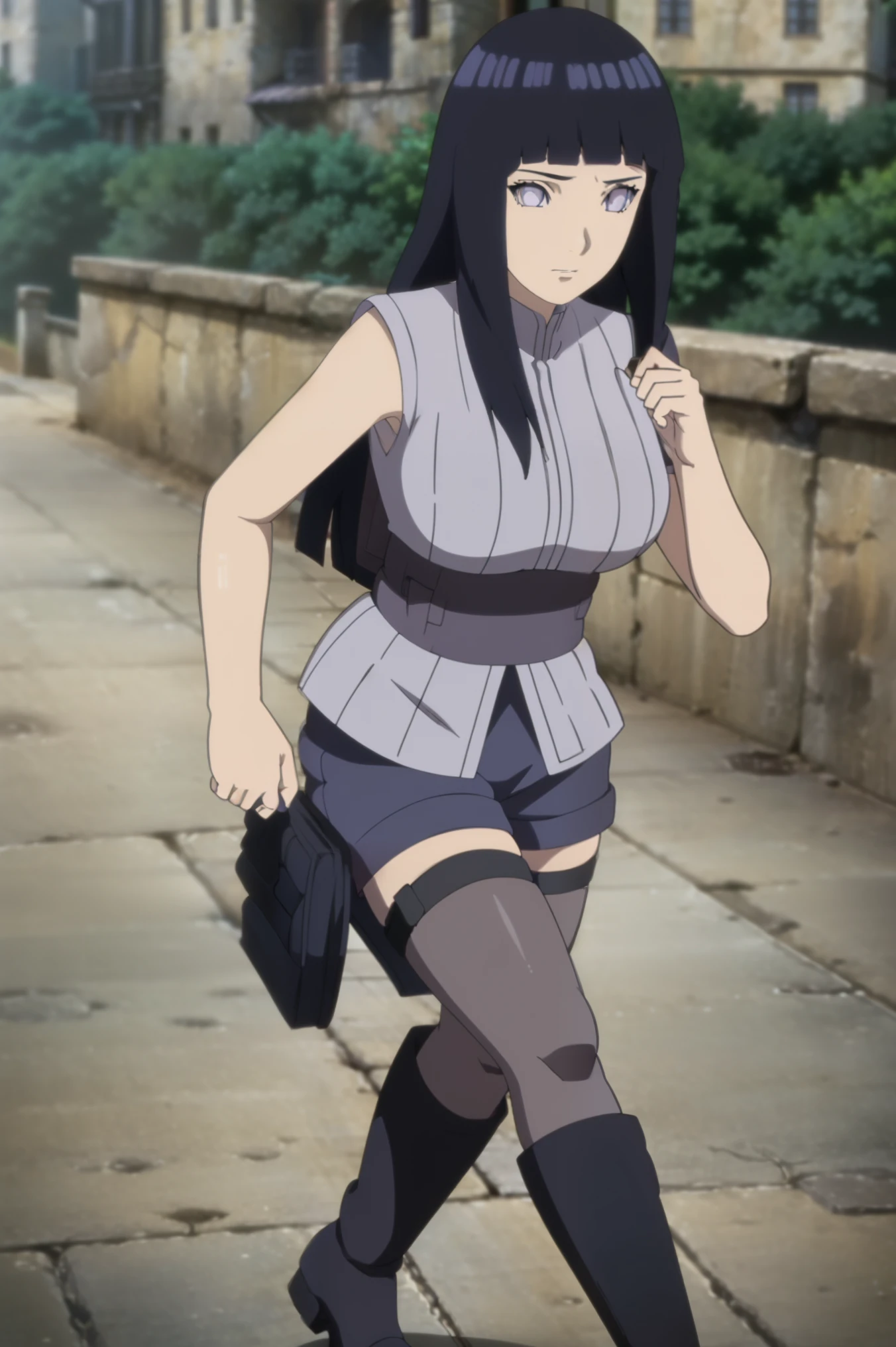 (Art board), (Best quality), (ultra detailed), highres icon, ultra detailed face, perfect lighting , highly detailed computer graphics, ( perfect hands , Perfect anatomy , Perfect body, beautiful eyes , perfect face, is a result of _9, is a result of _8_higher, is a result of _7_higher, issuer_Anime, break, ( one girl ,Alone), shoujo Hinata Hyuga, Dark blue hair , long hair, قصة شعر Short, no phigheril eyes, pale purple eyes, white shirt, ribbed shirt, sleeveless , belt, Short, purple Short, man braces, thigh bag, black over-the-knee socks, knee-high boots,Black shoes , toeless shoes, big _breasts, Familiar, mature, ثديين big ين, outdoors,