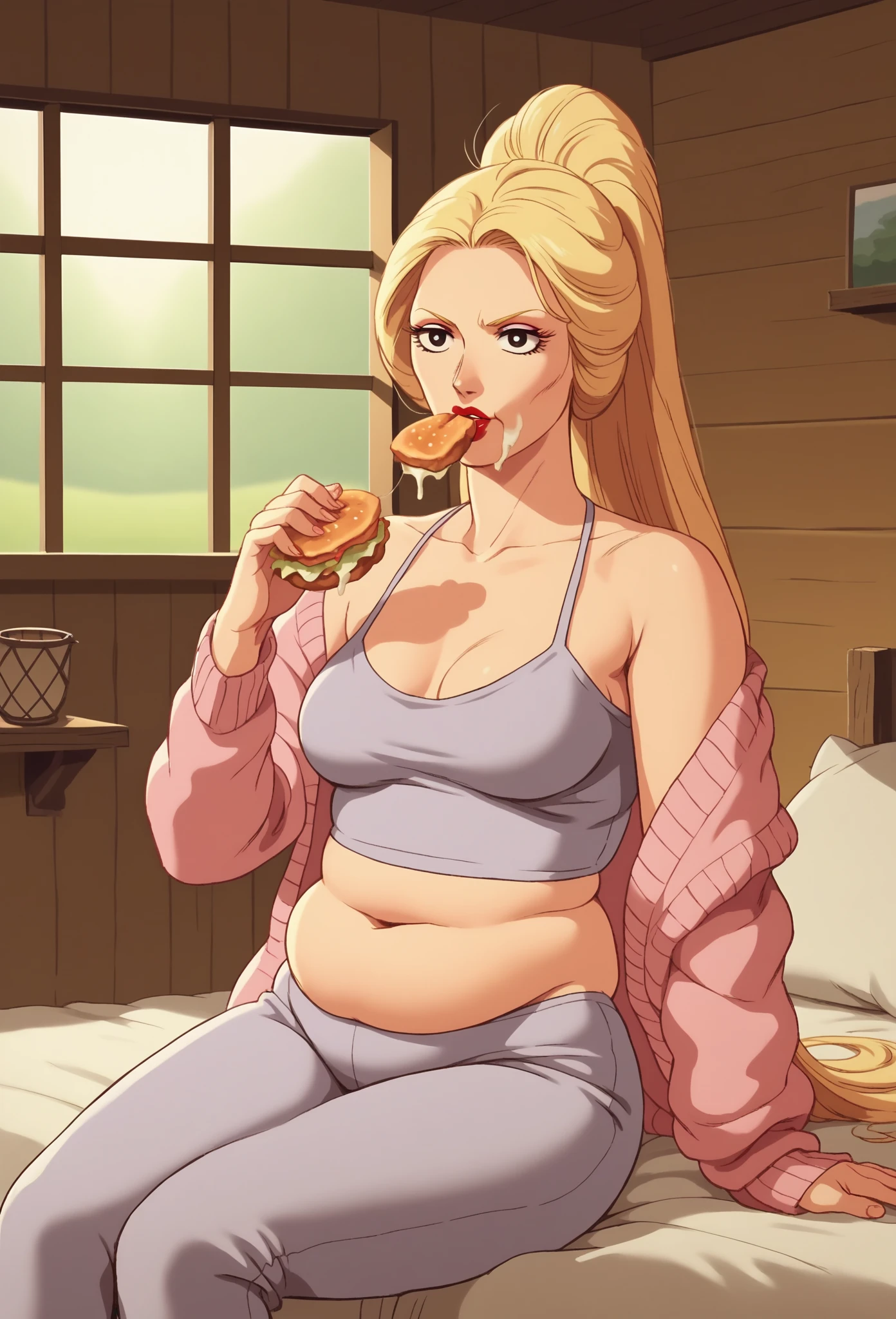 score_9, score_8_up, score_7_up, score_6_up, anime screencap, anime coloring, FGKycilia, 1girl, gained some weight, got plump, solo, blonde hair, tight high ponytail hair, widen opened eyes, ears, black eyes, big round eyes, long eyelashes, prominent eyelids, prominent neck, makeup, red lipstick, breasts, long legs,
Tight White fabric Bikini and Pink Cardigan,
Sitting, hips, navel, prominent chubby round belly, fulled stomach, bellybutton, eating a Chocalate, chocalate sauce driiling out of her mouth,  fair skin, visible midriff,
BREAK Wooden Cabin, a window overlooking a high  mountain peak, messy fastfood on bed, bed,