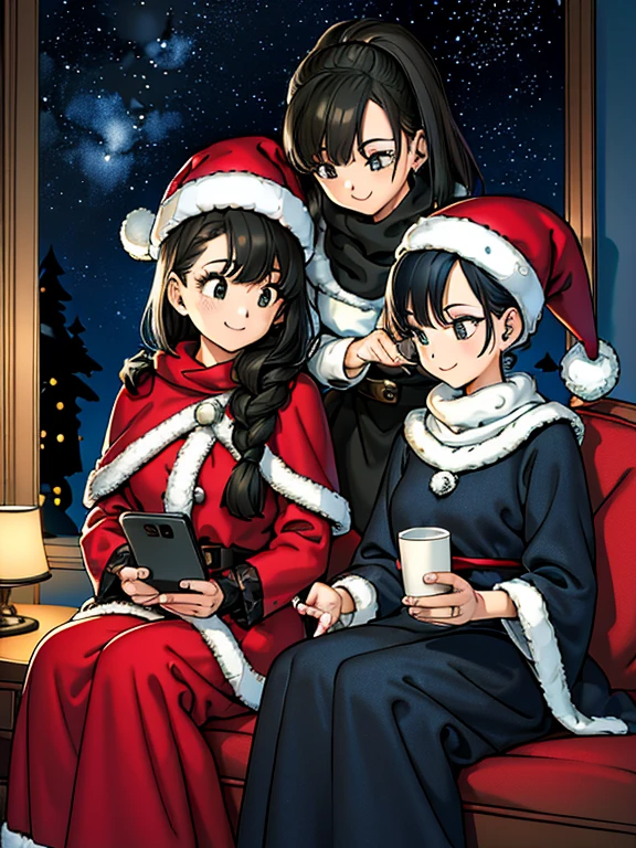 Two Women .Nightsky.starry.moom (8k) Inside hoom room . winter .santa hat. Line-up group . ((Black Detailed lace pattern)). tops (Selfee) . Sit sofa.  Happiness .neon Xmas Illumination.  Robe . Braid brownhair.scarf