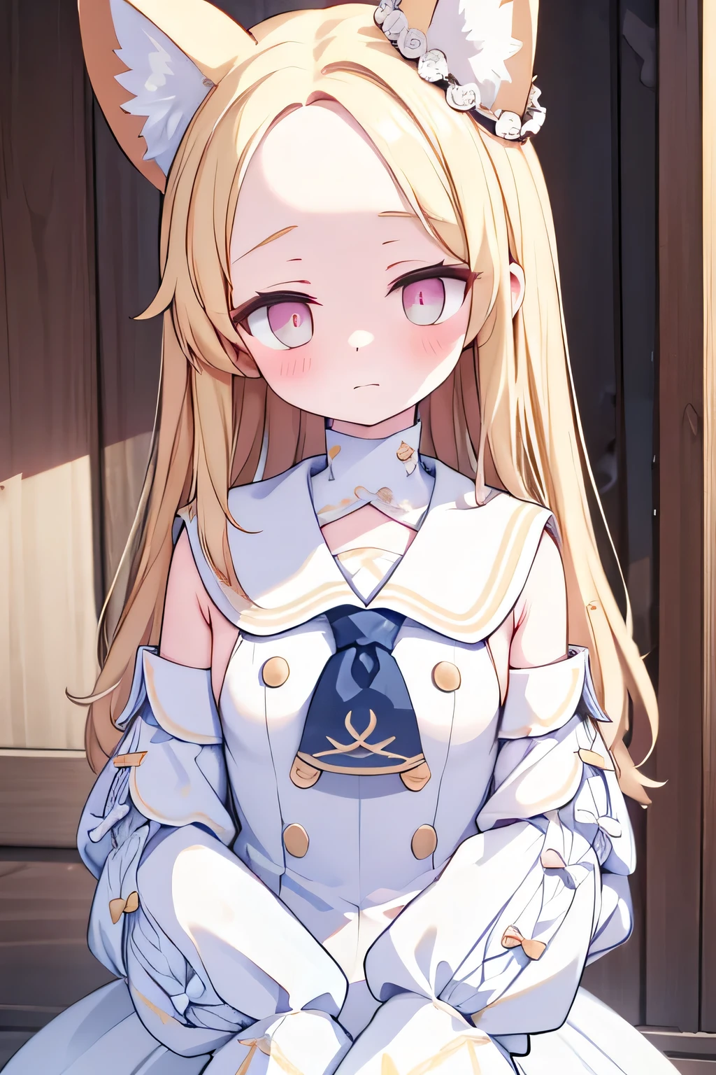 detached sleeves white frilled dress white sailor collar sleeves past wrists white pantyhose, abandoned house, shy face, masterpiece, upper body, face shy