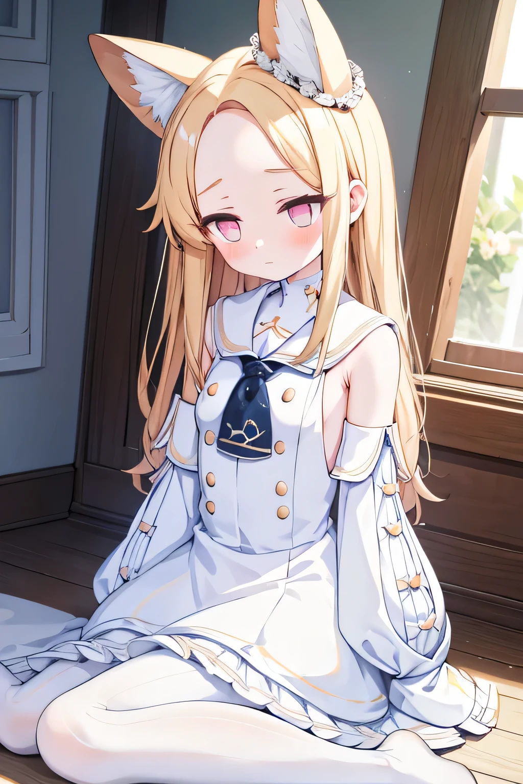 detached sleeves white frilled dress white sailor collar sleeves past wrists white pantyhose, inside abandoned house, shy face, masterpiece, upper body, face shy, sit pose