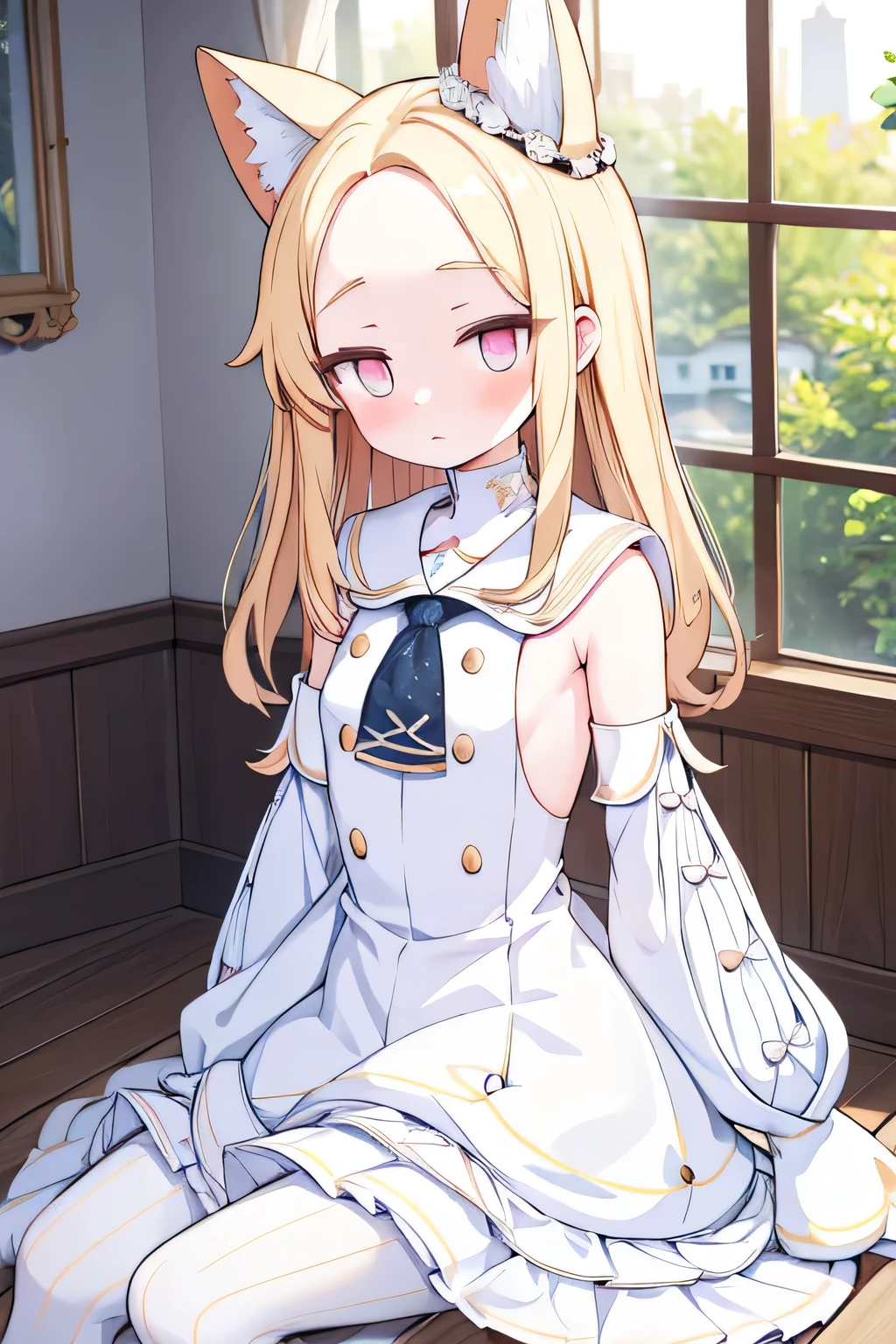 detached sleeves white frilled dress white sailor collar sleeves past wrists white pantyhose, inside abandoned house, shy face, masterpiece, upper body, face shy, sit pose