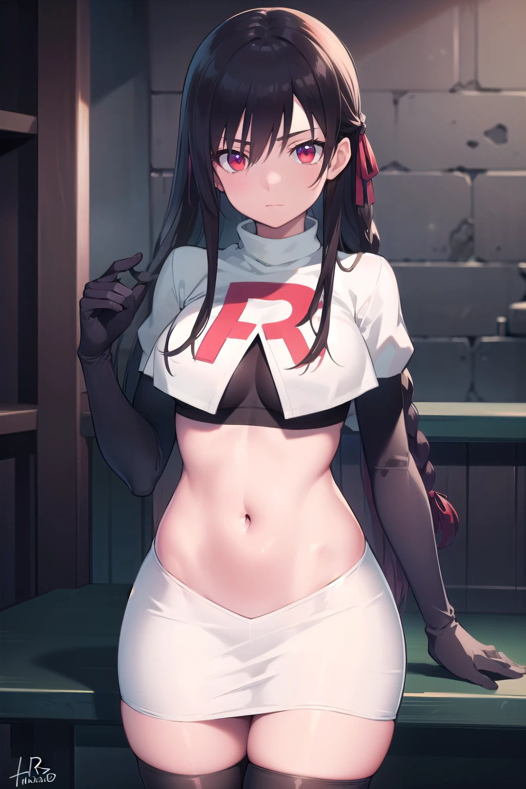murasakishikibu, murasaki shikibu, brown hair, (purple eyes:1.1), long hair, (large breast:1.2),
BREAK cone hair bun, double bun, hair bun, hair ornament, long hair, two side up,team rocket,team rocket uniform, red letter R, white skirt,white crop top,black thigh-highs,black elbow gloves,
BREAK looking at viewer,
BREAK (masterpiece:1.2), best quality, high resolution, unity 8k wallpaper, (illustration:0.8), (beautiful detailed eyes:1.6), extremely detailed face, perfect lighting, extremely detailed CG, (perfect hands, perfect anatomy),