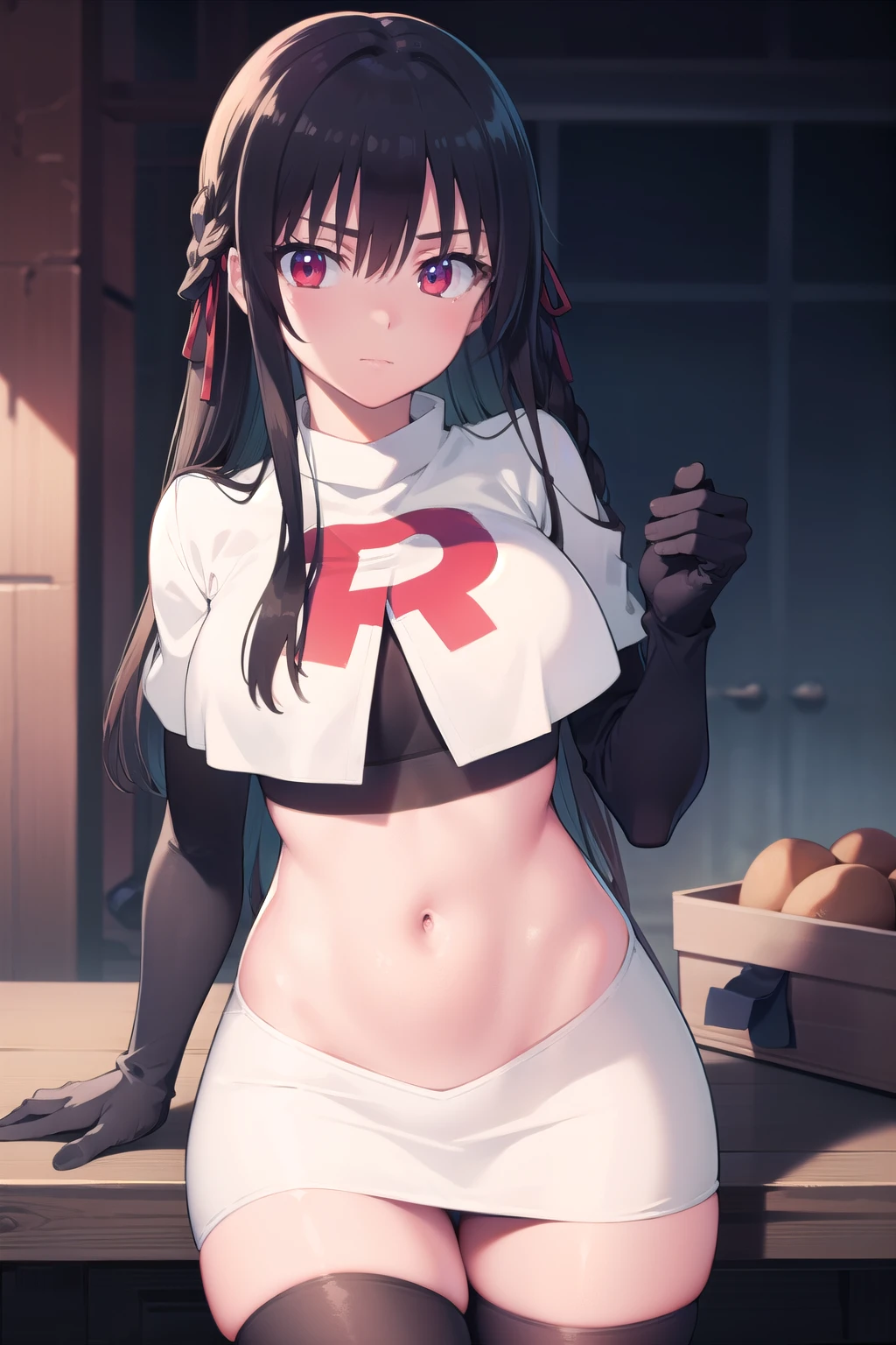 kanaotsuyuri, kanao tsuyuri, black hair, butterfly, butterfly hair ornament, (purple eyes:1.1), side ponytail, ponytail,
BREAK team rocket,team rocket uniform, red letter R, white skirt,white crop top,black thigh-highs,black elbow gloves
BREAK looking at viewer,
BREAK (masterpiece:1.2), best quality, high resolution, unity 8k wallpaper, (illustration:0.8), (beautiful detailed eyes:1.6), extremely detailed face, perfect lighting, extremely detailed CG, (perfect hands, perfect anatomy),