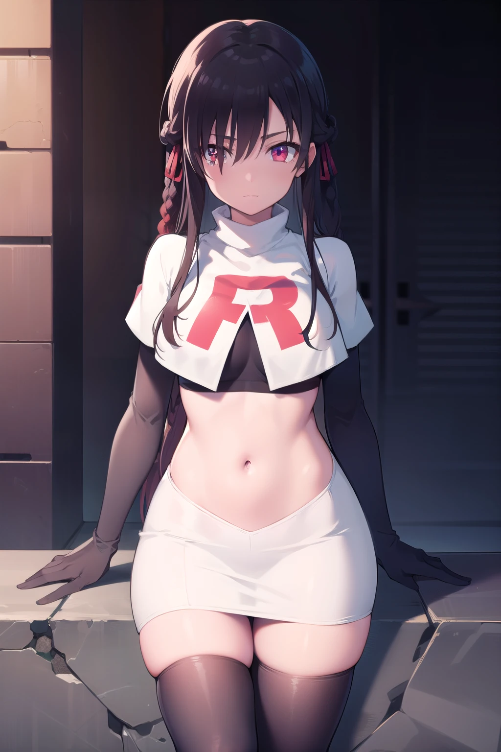 (extremely detailed CG unity 8k wallpaper),(masterpiece),(best quality),(ultra-detailed),(best illustration),(best shadow),(absurdres),1girl,solo,Chihara ,black hair, red eyes, breasts, earrings, navel, jewelry, long hair, team rocket,team rocket uniform,white skirt,red letter R,crop top,black thigh-highs,black elbow gloves
