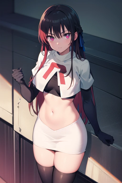 High tail hairstyle, Ponytail hairstyle, Long wavy black hair, standing posing, anime girl style, pixel art anime style,penetrating look with deep eyes,red and purple eyes, hair with a ponytail hairstyle trapped with a big red bun, women, red hair clips, x color shaped hair clips , smiling face blush, next to his bed, Skirt, tank top, Black hair, big thighs, NSFW, Skirt fluttering in the wind, perfect panty, from above, viento levantando su Skirt haciendo que se le vea el panty, hands in fist , Skirt fluttering in the wind, Skirt levantada, 