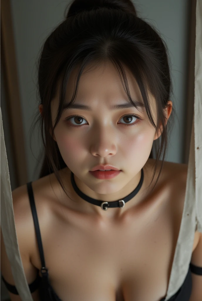 nsfw, ((masterpiece:1.4, best quality)), ((masterpiece, best quality)), (photo realistic:0.7),1woman,20yo,professional lighting, physically-based rendering, very cute, expressionless, extremely detailed eyes and face, eyes with beautiful details, Japanese idol, (Japanese actress), ((dog collar)), flat background, indoor, short hair, empty eyes, (),a nakean and stand straight opposite and full body, (((covered in semen))),