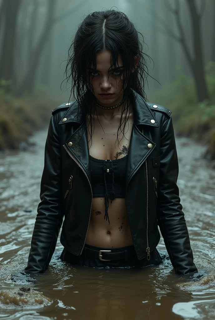 (a hot woman in a leather jacket and stockings),(garden),(water reflection),(dense teeth),(Sunset),(dark and creepy atmosphere),(mysterious),(wet hair),(intense look),(hands submerged),(expressive eyes),(ominous)