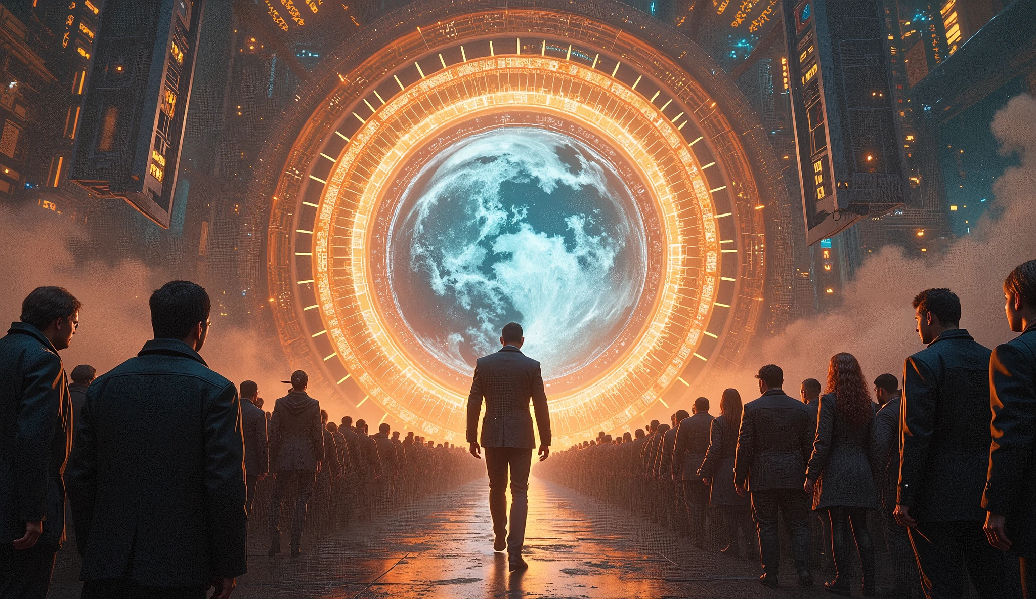 There is a man standing in front of a large group of people - SeaArt AI