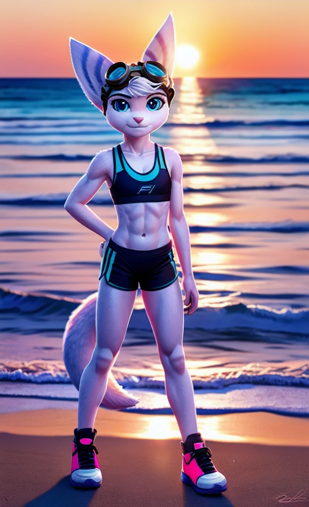 Rivet, tail, furry girl, 1girl, solo, young, pink sport shorts, pink sport bra, black soccer shoes, ocean background with sun set , standing, detailed body fur, detailed body, detailed eyes, detailed face, athletic, skinny, high quality, masterpiece, goggles, looking at you, full body, six pack,  