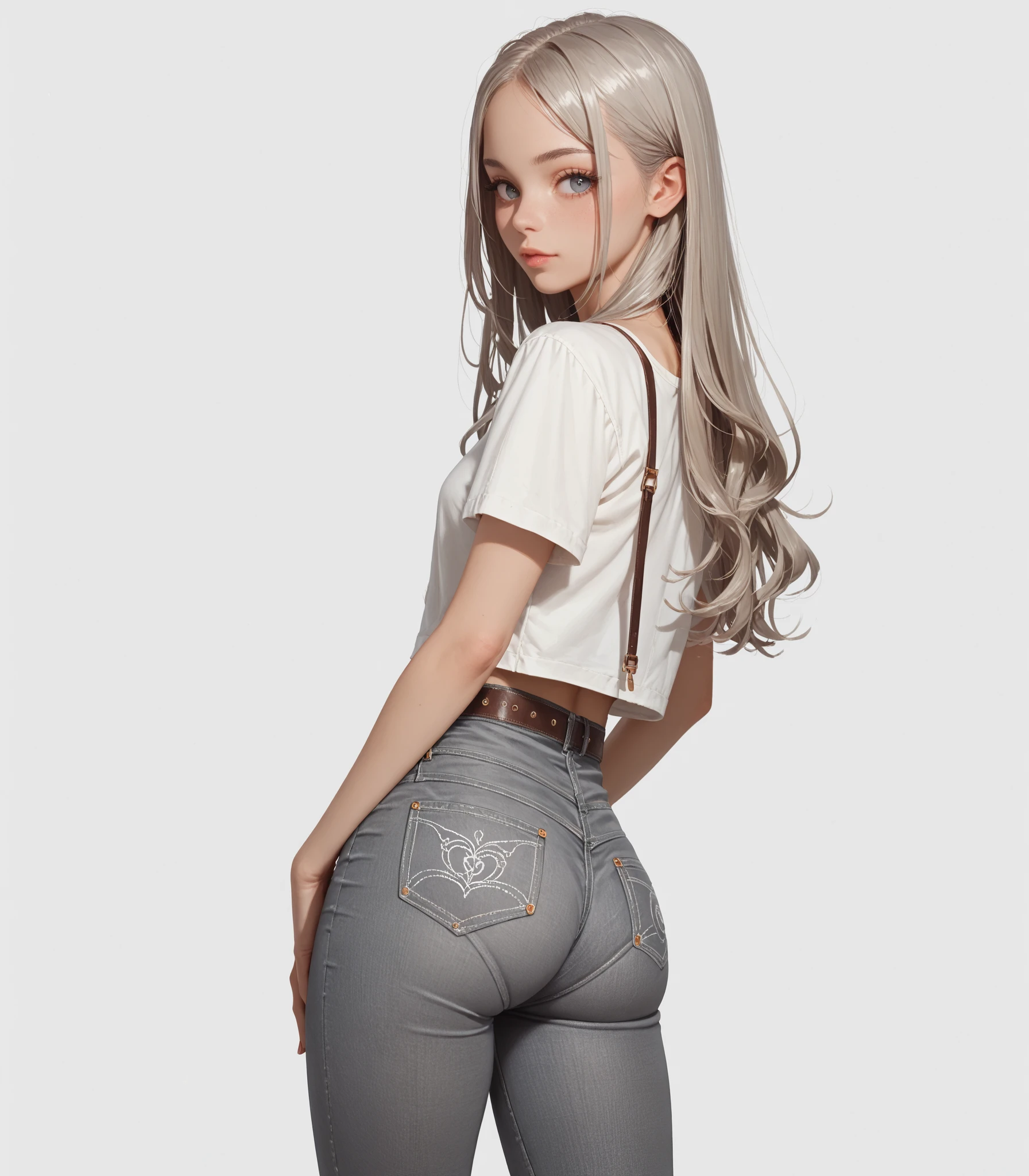 (((on 4 legs))), 1 girl,  long hair,  looking back at the spectator, Desde atrás, gray jeans , short blouse with straps , at school