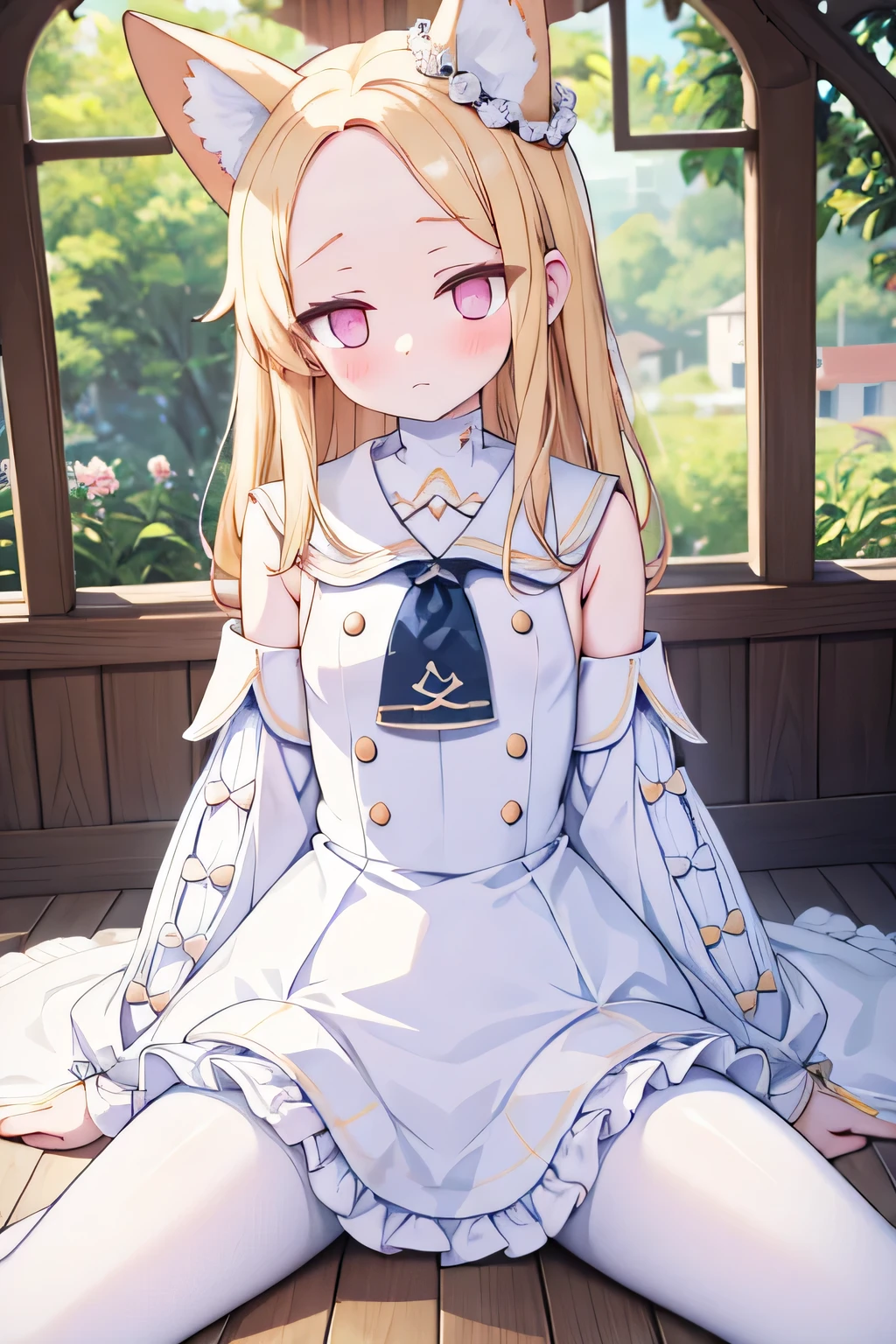 detached sleeves white frilled dress white sailor collar sleeves past wrists white pantyhose, inside abandoned house, shy face, masterpiece, upper body, face shy, spread legs