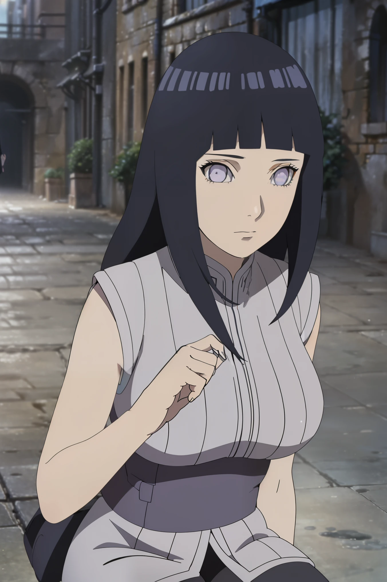 (Art board), (Best quality), (ultra detailed), highres icon, ultra detailed face, perfect lighting , highly detailed computer graphics, ( perfect hands , Perfect anatomy , Perfect body, beautiful eyes , perfect face, is a result of _9, is a result of _8_higher, is a result of _7_higher, issuer_Anime, break, ( one girl ,Alone), shoujo Hinata Hyuga, Dark blue hair , long hair, قصة شعر Short, no phigheril eyes, pale purple eyes, white shirt, ribbed shirt, sleeveless , belt, Short, purple Short, man braces, thigh bag, black over-the-knee socks, knee-high boots,Black shoes , toeless shoes, big _breasts, Familiar, mature, ثديين big ين, outdoors,