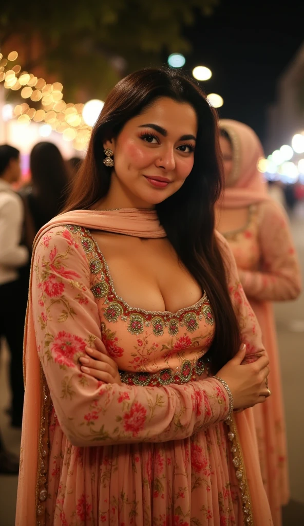 Hania Amir in desi attire, hot & sexy night time in Lahore,  grey bra deep cleavage 