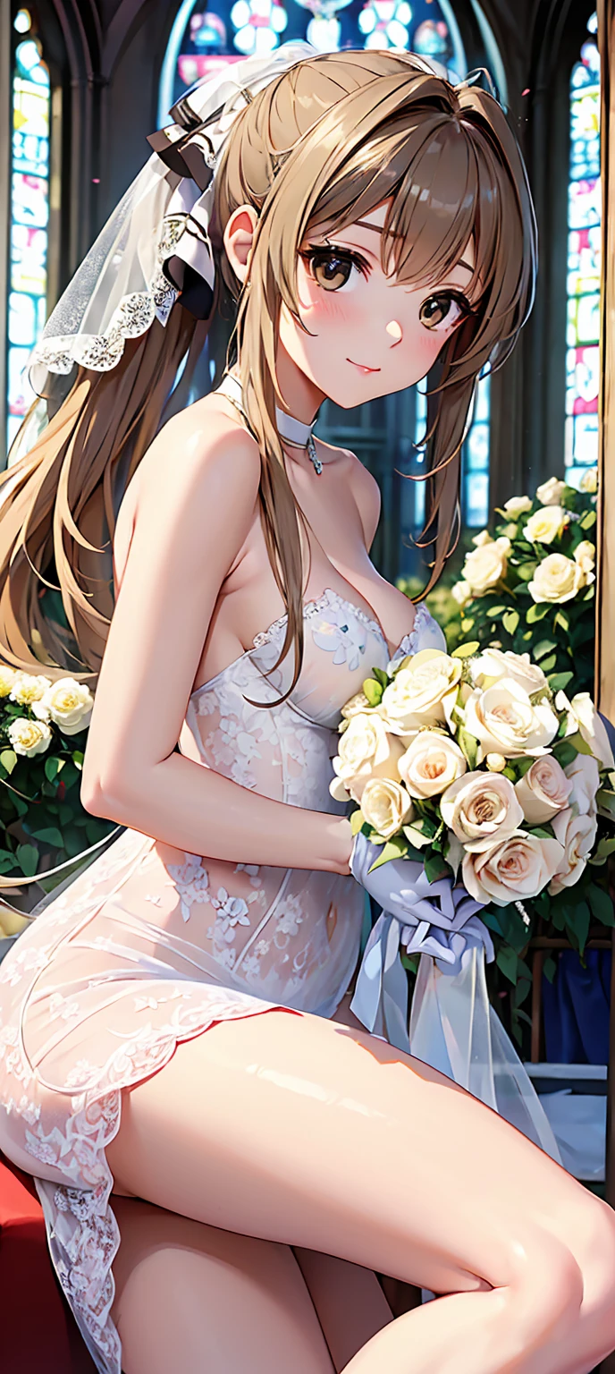 (Wonderful and exquisite Sento Isuzu),　Beautiful Finely Painted Brown Eyes , Long brown hair,  natural straight hair,  ponytail、 One Girl 、 Extremely Delicate 、Straight face、 incomparably beautiful girl with excellent estimates、 soft、(Functional)、(Naughty)、(Cute)、Delicate face、Bright lips, A shy and lewd smile、（Transparent Veil）、(( white see-through strapless wedding dress with gorgeous lace embroidery))、  The shape of an erect nipple stands out、((Pure white gloves))、(((I have a bouquet of bridal dresses)))、 white panties with gorgeous lace embroidery、 ( high heels)、 ( small butt)、(((Big Breasts)))、(((:1.15)))、(((lim figure)))、((( very thin and beautiful thighs)))、( very thin and beautiful waist )、(Long, slender legs)、((( flower garden where you can see a small church with colorful flowers)))、4K、 super high res、(masterpiece,  best quality)、( Beautiful Finely Painted Eyes )、( Beautiful Detailed Face)、Stroll through the flower garden 、 composition from the front、 full-body portrait from head to toe