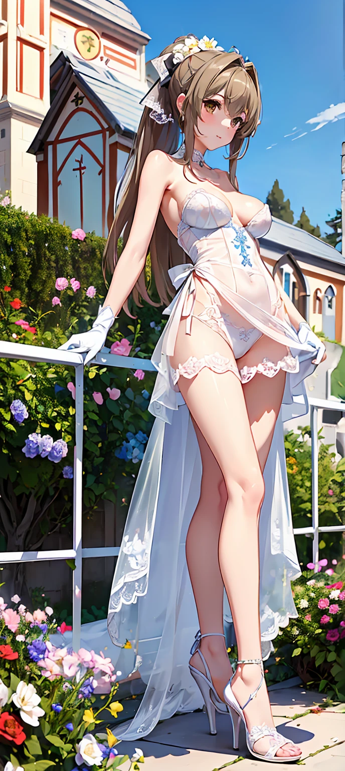 (Wonderful and exquisite Sento Isuzu),　Beautiful Finely Painted Brown Eyes , Long brown hair,  natural straight hair,  ponytail、 One Girl 、 Extremely Delicate 、Straight face、 incomparably beautiful girl with excellent estimates、 soft、(Functional)、(Naughty)、(Cute)、Delicate face、Bright lips, A shy and lewd smile、（Transparent Veil）、(( white see-through strapless wedding dress with gorgeous lace embroidery))、  The shape of an erect nipple stands out、((Pure white gloves))、(((I have a bouquet of bridal dresses)))、 white panties with gorgeous lace embroidery、 ( high heels)、 ( small butt)、(((Big Breasts)))、(((Baby Face:1.15)))、((( slim figure)))、((( very thin and beautiful thighs)))、( very thin and beautiful waist )、(Long, slender legs)、((( flower garden where you can see a small church with colorful flowers)))、4K、 super high res、(masterpiece,  best quality)、( Beautiful Finely Painted Eyes )、( Beautiful Detailed Face)、Stroll through the flower garden 、 composition from the front、 full-body portrait from head to toe