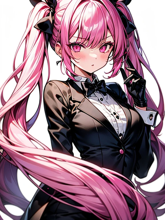 best quality, masterpiece, highres, solo, {black business suit:1.40}, {tie:1.20}, {sunglasses:1.25}, {white gloves:1.15}, {white shirt:1.10}, {black skirt:1.15}, {smoking:1.20}, handsome, {bremerton_azurlane:1.15}, long_hair, pink_hair, bangs, pink_eyes, multicolored_hair, streaked_hair, breasts, large_breasts, hair_between_eyes, blush, twintails, grey_hair, cleavage, two-tone_hair, hair_ornament, mole, mole_under_eye, sidelocks, smile, sleeveless, x_hair_ornament, hair_intakes