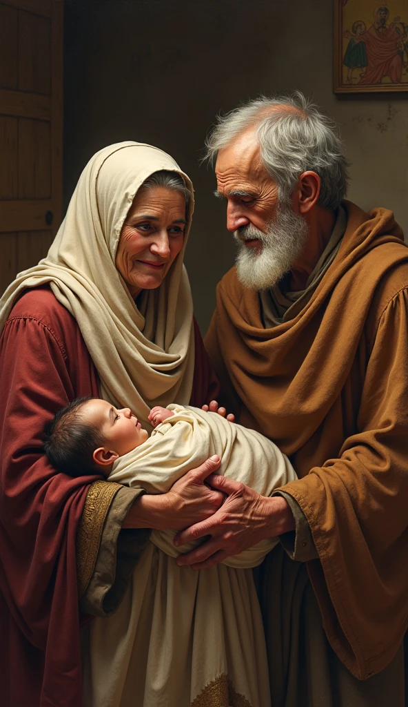 arafed man holding a baby in a blanket while a woman holds a baby, by Jason Felix, by Micha Klein, a still of a happy, joseph and joseph, scene from live action movie, nicodemus, the most beautiful scene, by Michael Goldberg, absolutely outstanding image, still from a live action movie, by Daniel Schultz, biblical clothing, john the baptist, 8k , ultra hd, hyper detailed