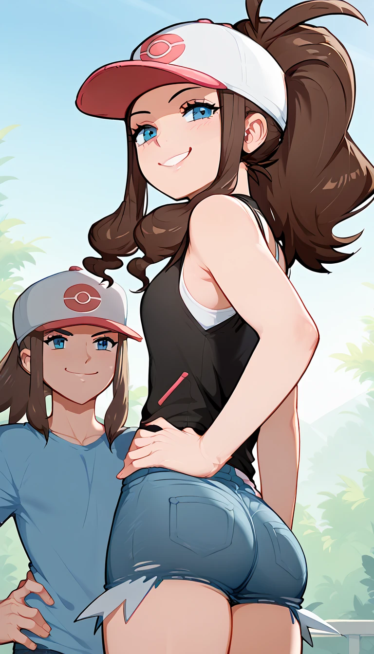 hilda( Pokémon)、  ponytail , hat、 tank top、 denim shorts 、 standing、
 best quality,  high definition , 1 girl, hand on hip,
 smiling, Outdoor, morning, noon, afrobull,smug,