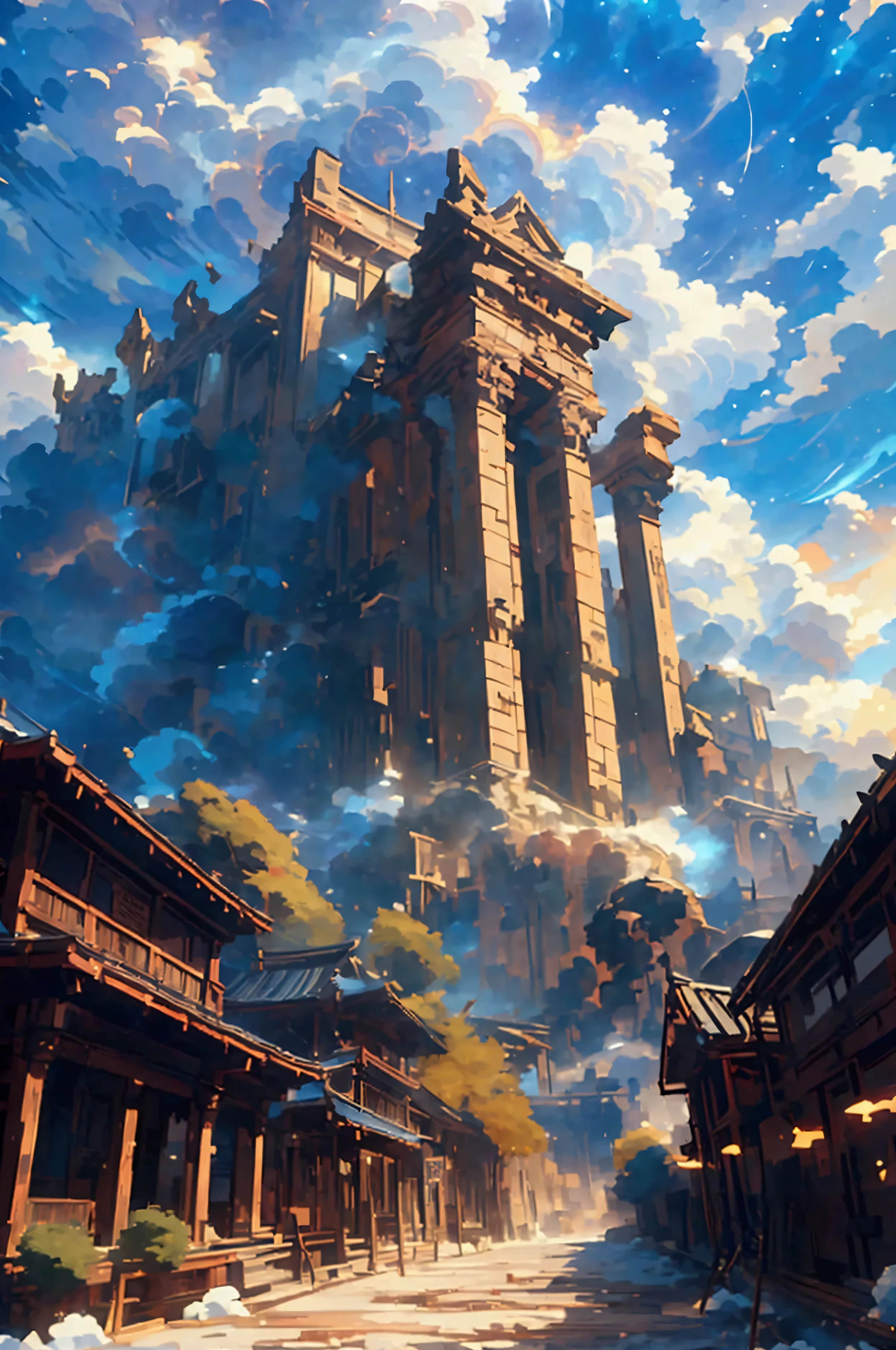 a medival town , temple made of large ancient columns in the middle on a hill, magical aura , seeing a vast blue sky with fluffy clouds and brush strokes , gray and brown brick buildings , makoto shinkai cyril rolando, anime art wallpaper 4k, anime art wallpaper 4k, animated background, anime art wallpaper 8K, animated background art, Anime Landscape Wallpaper, amazing wallpaper, HD wallpaper, 4k anime wallpaper, 4k anime wallpaper , Aries Moross art,art by Bob Byerley , AshleyWoodArtAI, greg rutkowski