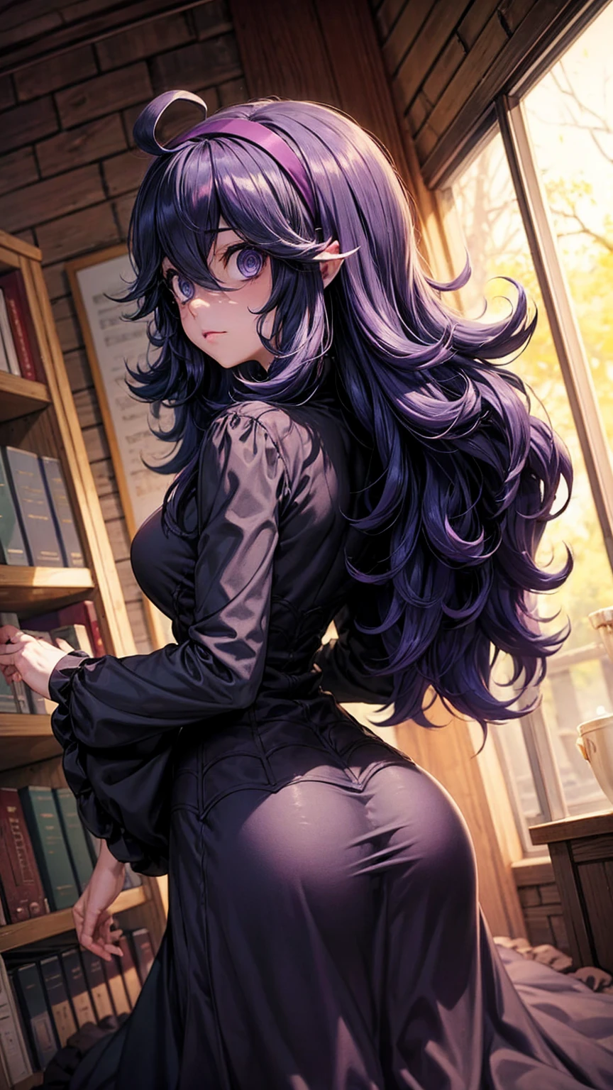  hex maniac,  headband,  messy hair,  purple eyes, Purple Hair, purple  headband, @ @,
black  dress,  dress, long  dress,  Long Sleeve ,  Juliet sleeve,
indoor, library,  bend your back,
 viewers,  cowboy shot,  Dutch angle to the side,