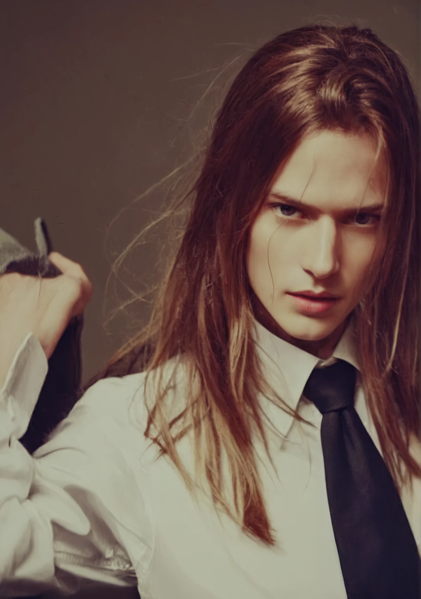 there is a men with long hair wearing a white shirt and black tie, androgyny, delicate androgynous prince, androgynous male, androgynous person, beautiful androgynous prince, androgynous, beautiful androgynous girl, androgynous face, attractive androgynous humanoid, portrait androgynous girl, young with long hair