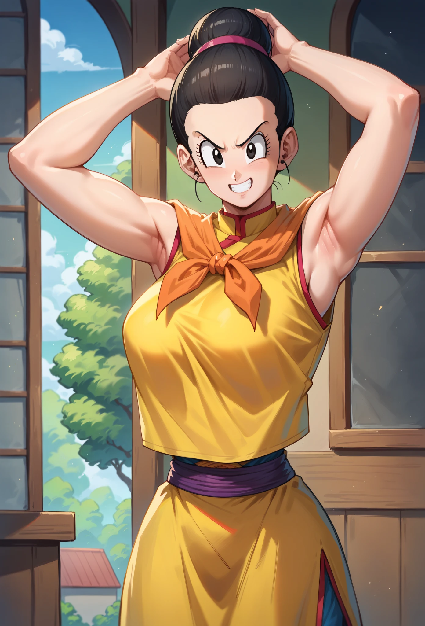 score_9, score_8_up, score_7_up,  ch1ch1 , Who-who (Dragon Ball),   black hair, combing bun upwards  ,  sleeveless yellow kimono on her arms big breasts hands up armpits,  in a house smiling High resolution ,  masterpiece,  Precise, 