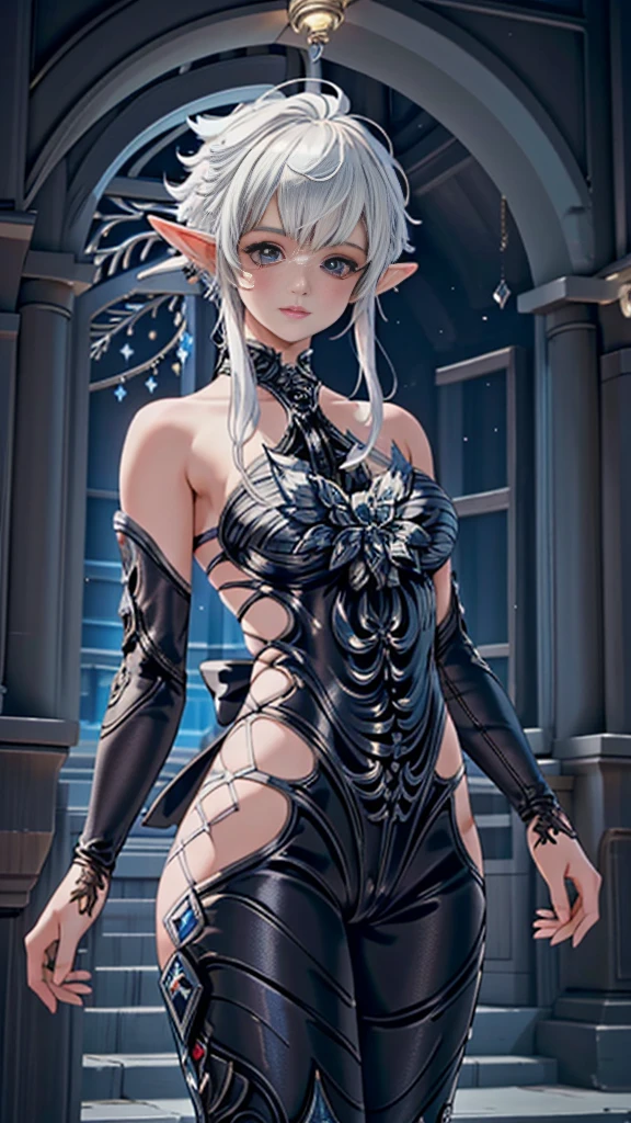 (masterpiece:1.2, best quality), (intricate details), alisaie, (alisaie leveilleur (final fantasy)), 1girl, elf ears, omega F bodysuit, realism, Detailed, intricate, sharp focus, Ultra-detailed, detailed pupils, puffy lips, skindentation, (intricate detail), (Soft Lighting), Charming smile, white hair, nice hips, 