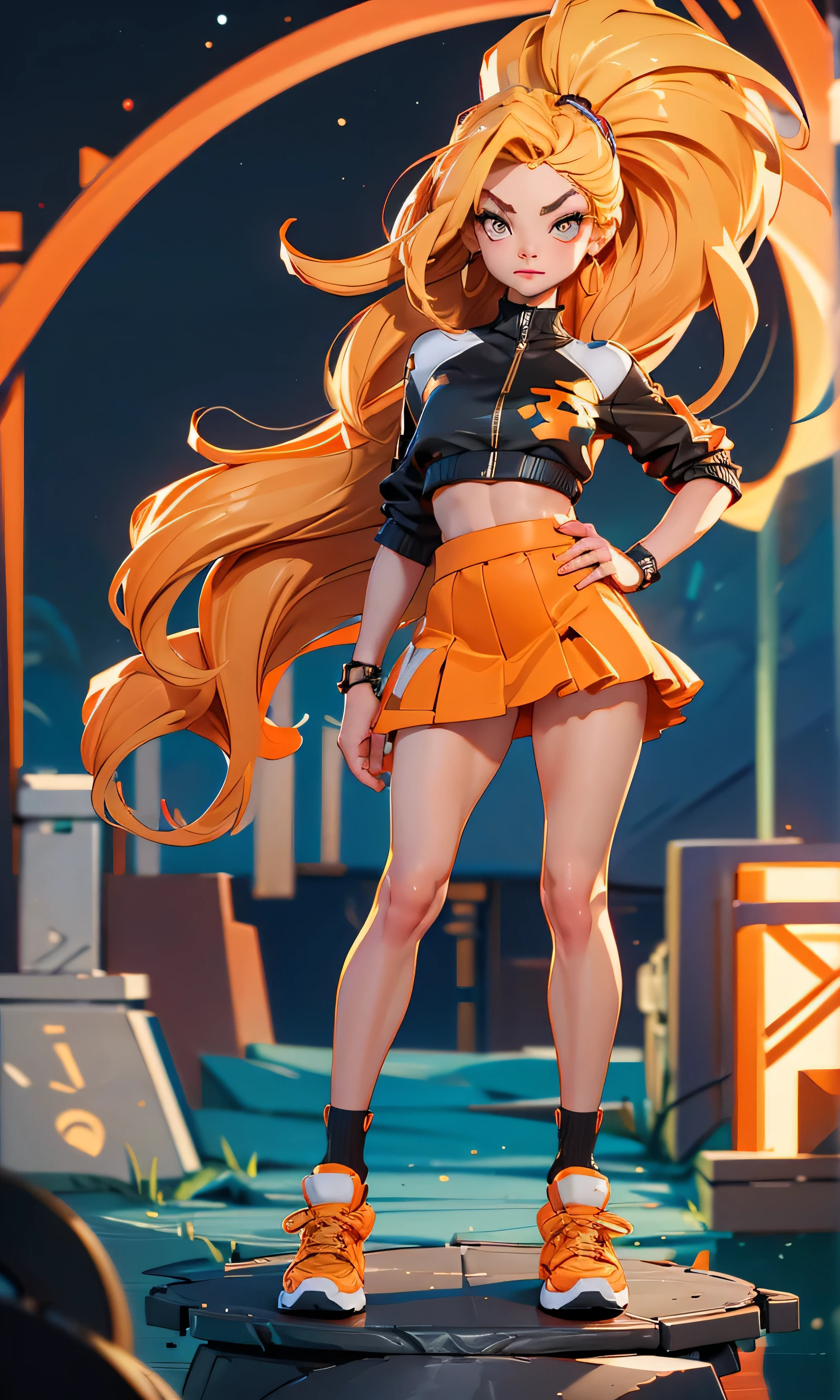 masterpiece, 1 girl, beautiful, slim, head on, Looking at the viewer, long hair, blond hair , brown eyes, arched eyebrows , Full body , pretty legs, abdomen plano, Kpop outfit , orange skirt, sports shoes , (((desnuda))), on an abandoned bridge, dark sky,