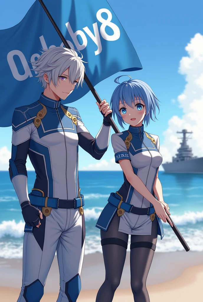Two people in love (masterpiece, best quality), 1 male, mature, aged up:1.4, tall muscular guy, broad shoulders, finely detailed eyes and detailed face, 1 female, young 20, skinny with a booty nice body, aqua blue hair and platinum white streaks, extremely detailed CG unity 8k wallpaper, intricate details, Fantasy, royal, nobleman, Admiral, short hair, blonde hair, blue eyes, fleet commander, navy, commander, white uniform, ocean, cloudy sky, wave