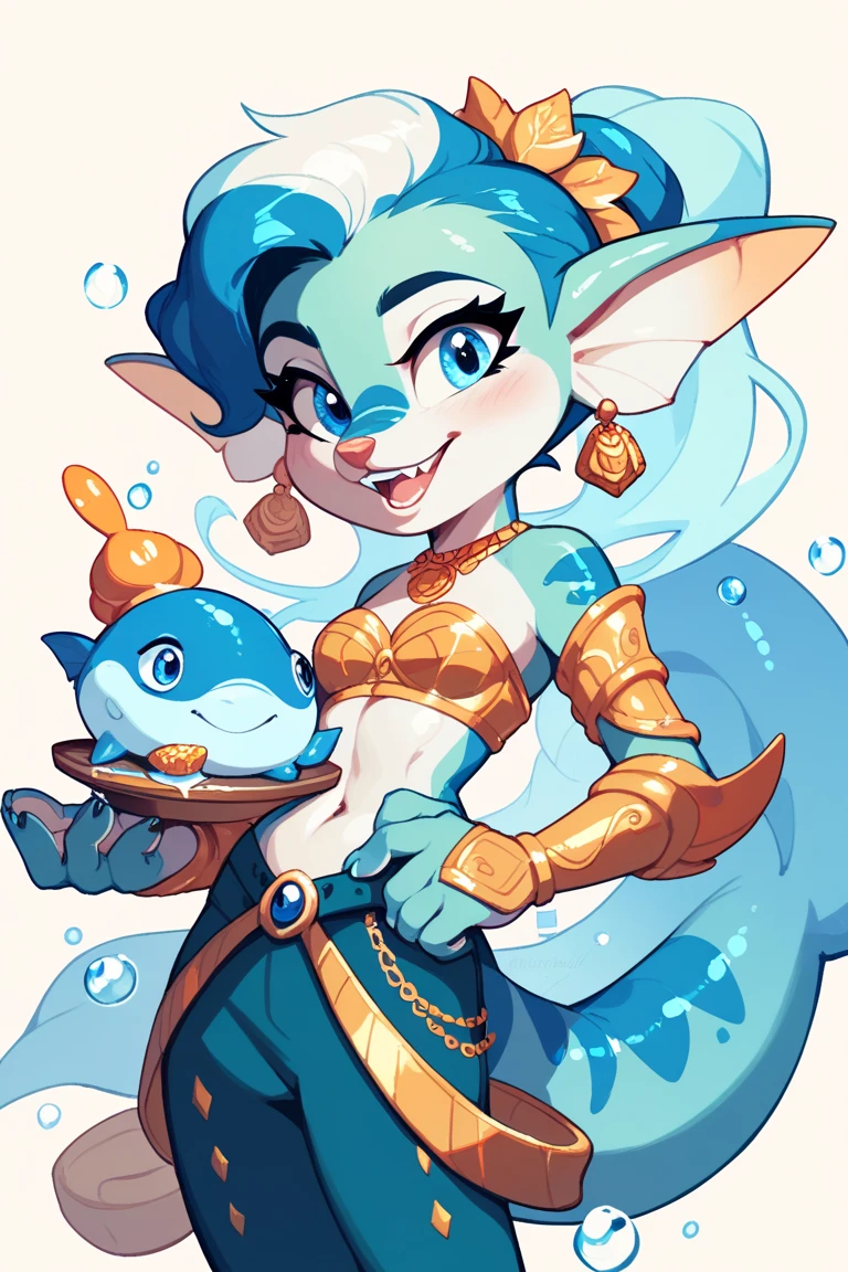 Dewott [pokemon], best quality masterpiece, dimwitdog art style,sonrisa,despistada,cheerful,medium boobs,underwater background,nsfw,