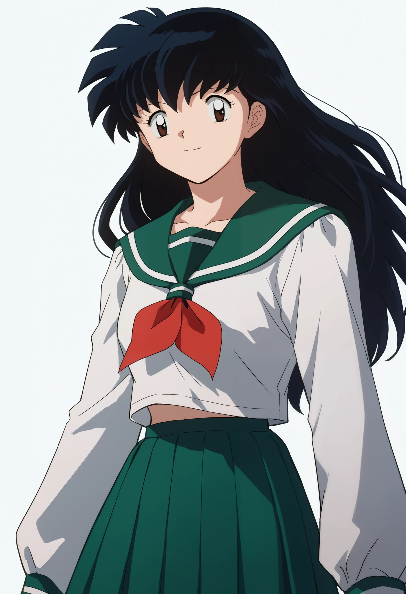 score_9, score_8_up, score_7_up, score_6_up, score_5_up, score_4_up, BREAK, source_anime,
1girl, kagomehigurashi, bangs, black hair, long hair, brown eyes,
sailor collar, long sleeves, neckerchief, pleated skirt, school uniform, serafuku,
upper body, smile, looking at viewer, solo, simple background, white background   