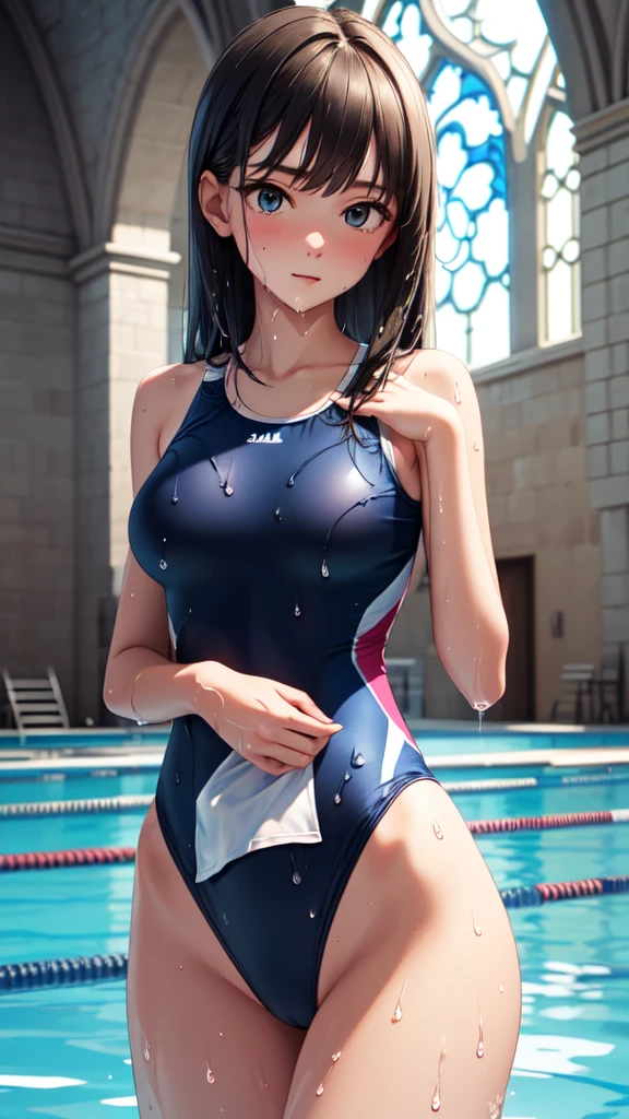 ((masterpiece, top quality , ultra detail showing the cathedral, high res)), cowboy shot,  Professional Writing ,Alone, beautiful girls, black medium length hair, straight hair,(( skinny,Slim waist,Slim face)),( competitive swimsuit,wet navy swimsuit ), wearing a dark blue one-piece swimsuit at the school pool , outdoors on the street at night,( medium bust,  Perky Breasts  ), close-up bust,