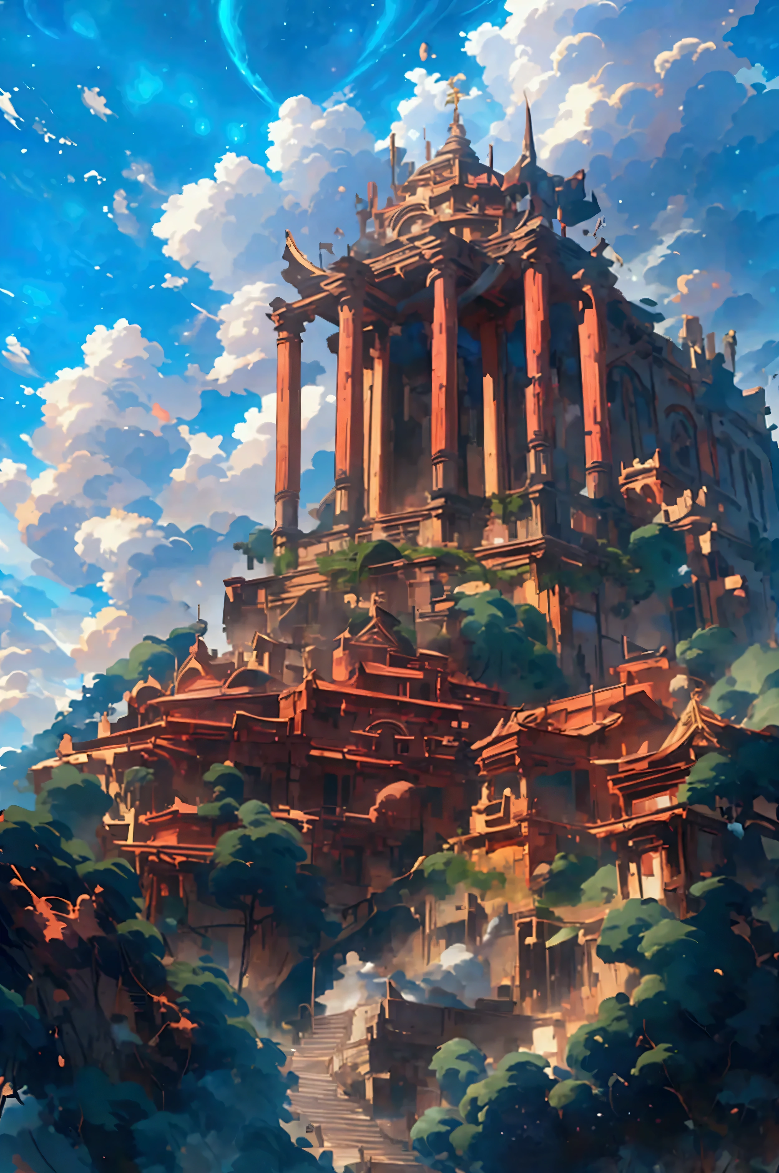 a medival town , temple made of large ancient columns in the middle on a hill, magical aura , seeing a vast blue sky with fluffy clouds and brush strokes , gray and brown brick buildings , makoto shinkai cyril rolando, anime art wallpaper 4k, anime art wallpaper 4k, animated background, anime art wallpaper 8K, animated background art, Anime Landscape Wallpaper, amazing wallpaper, HD wallpaper, 4k anime wallpaper, 4k anime wallpaper , Aries Moross art,art by Bob Byerley , AshleyWoodArtAI, greg rutkowski