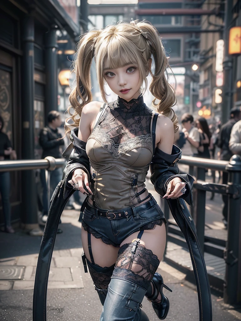 (masterpiece,top quality,high quality)), ((8K wallpaper unified with high definition CG)), (huge stunning goddess shot, so hot and sexy, jaw dropping beauty, perfect proportions, beautiful body, slim body beauty:1.3), ((Twin Tails:1.6)), A female hero who flies between buildings at night with her twin-tailed hair fluttering, ((wearing bodysuit, bare shoulders, bare back, gloves, boots, face hidden, smiling:1.3)), action pose, dynamic composition, blindfold, covered eyes, black blindfold